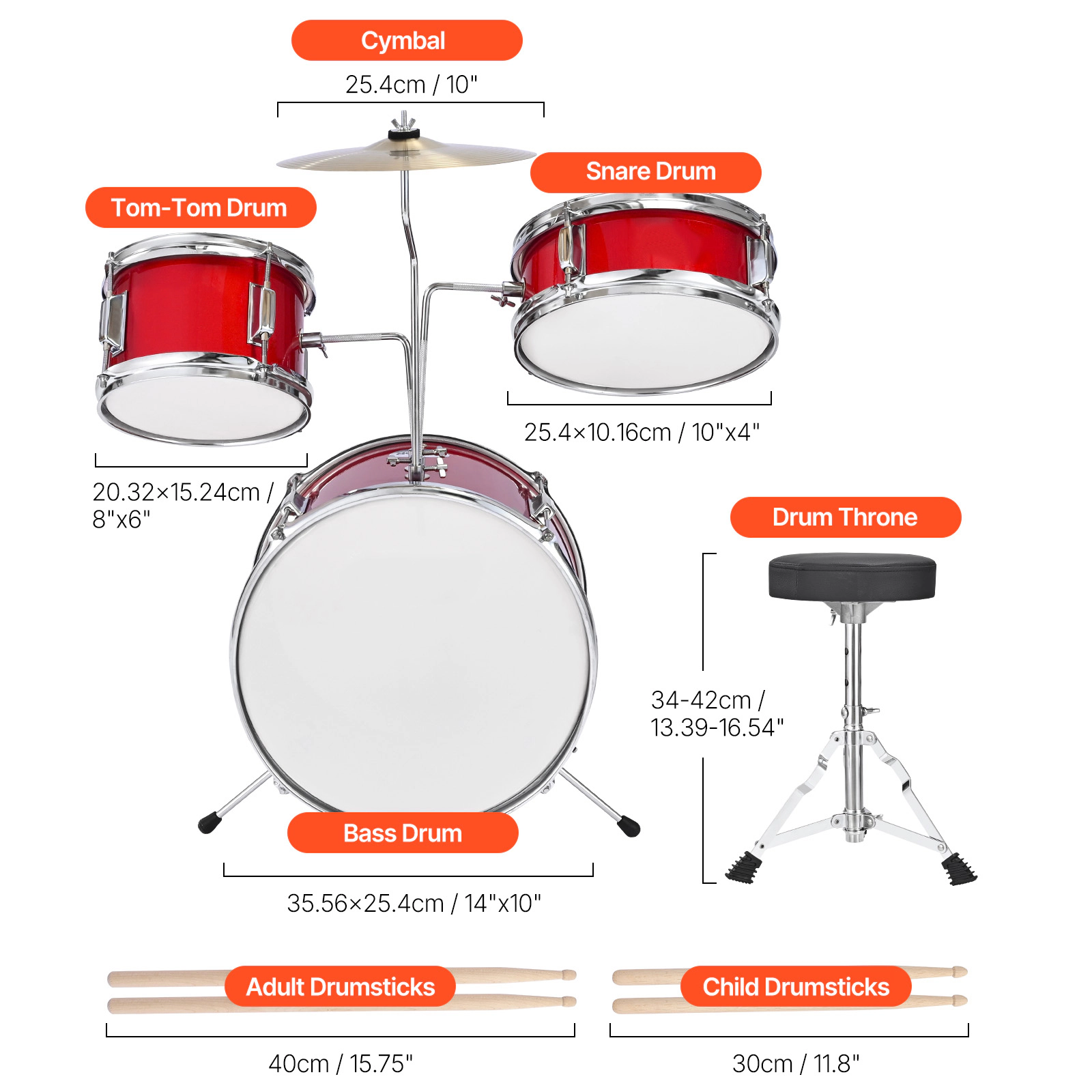 HONGGE Kids Drum Set Junior Drum Sets Beginner Drums Set with Adjustable Throne Cymbal & Two Pairs of Drumsticks