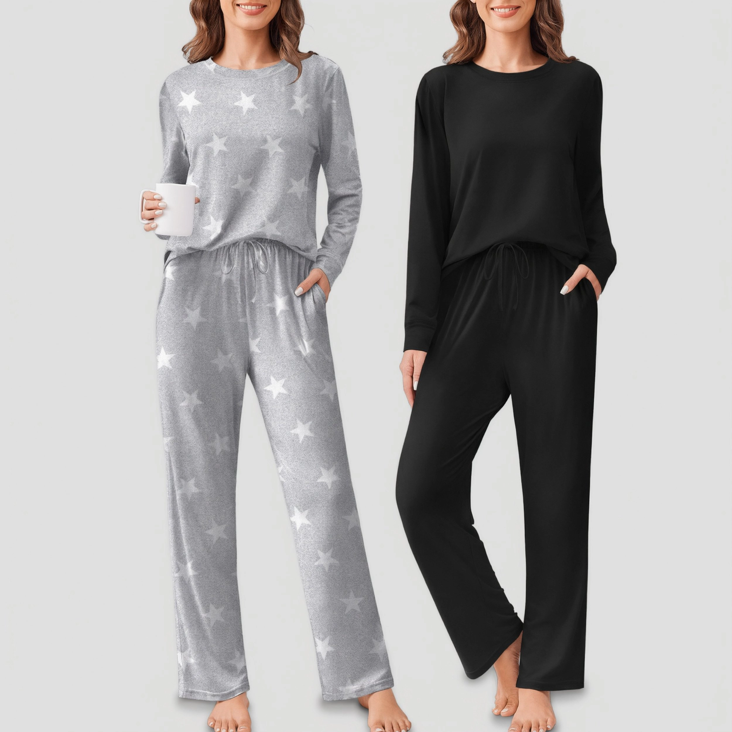 Ekouaer Women's Crew Neck Long Sleeve Pajama Set with Pockets