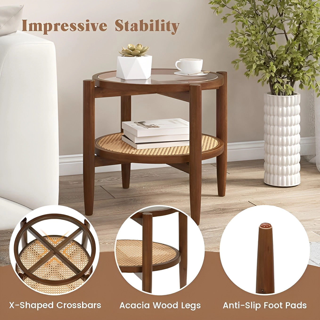 SlickBlue Set of 2 Rattan End Tables with Glass Top and Storage