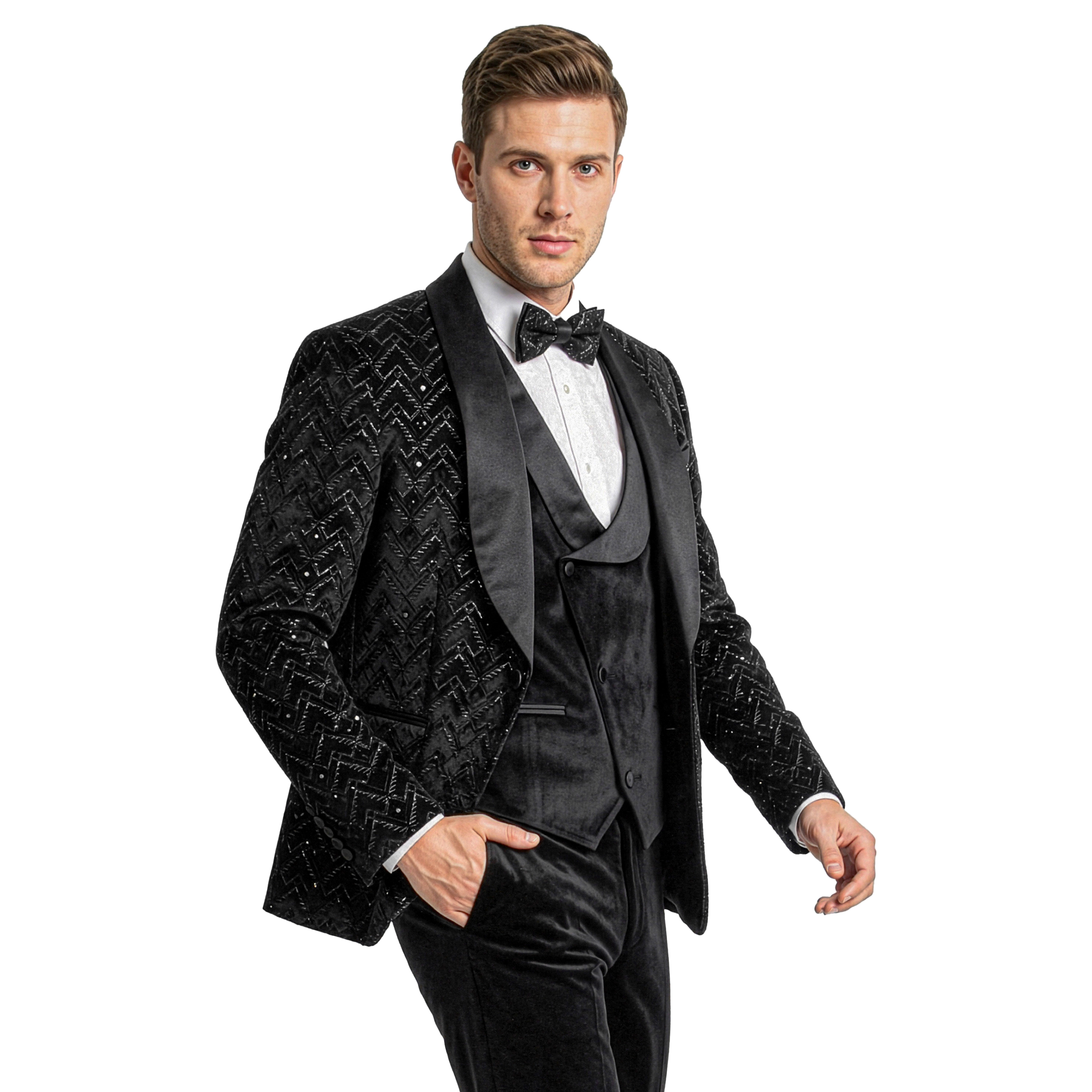 Tazzio Men's Skinny Fit 3pc Velvet Jacquard Tuxedo Set