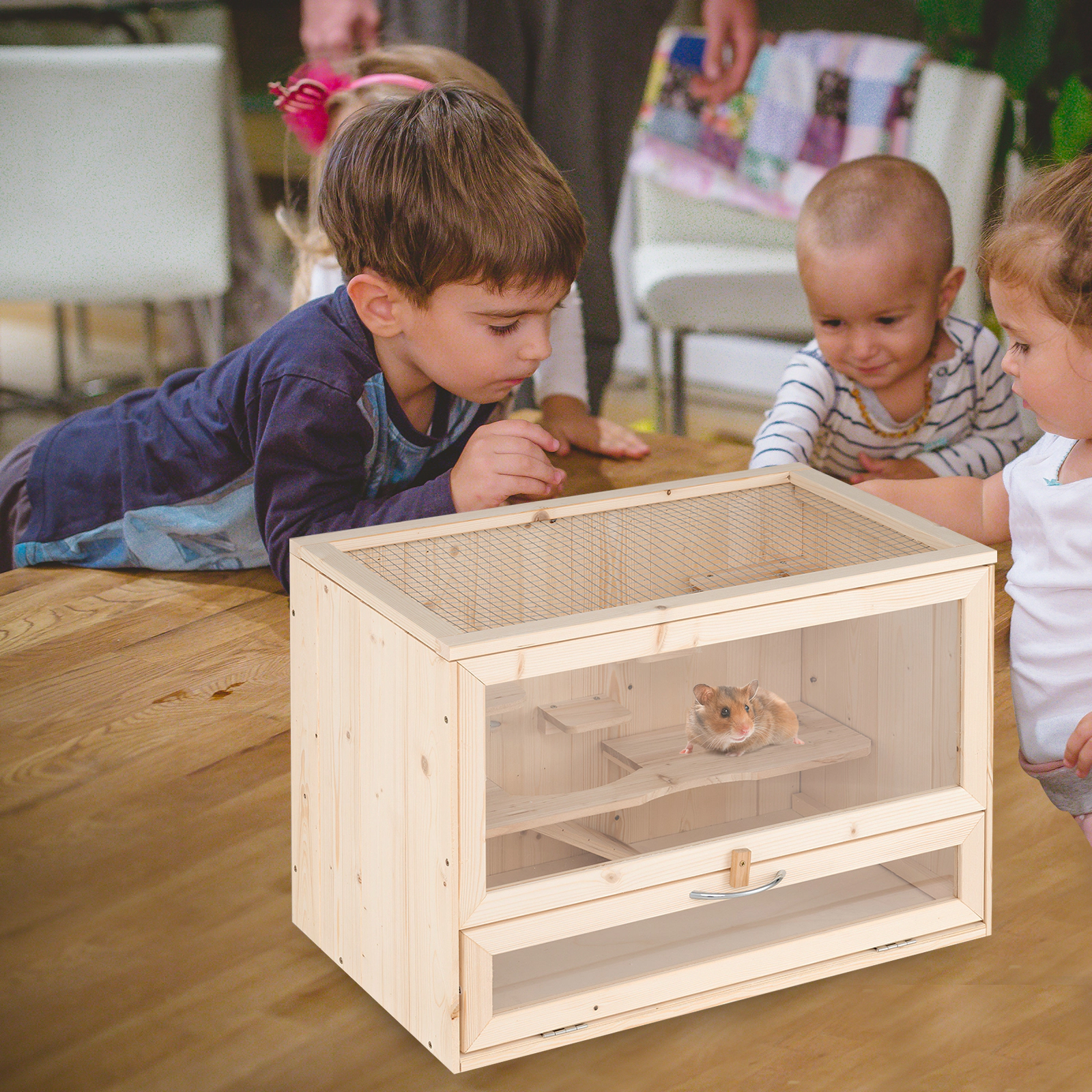 23.5-in Wooden Hamster Cage Mesh Flip Roof Fir Wood and Acrylic Small Animal Habitat Ladder Shelf Storage Rack Natural