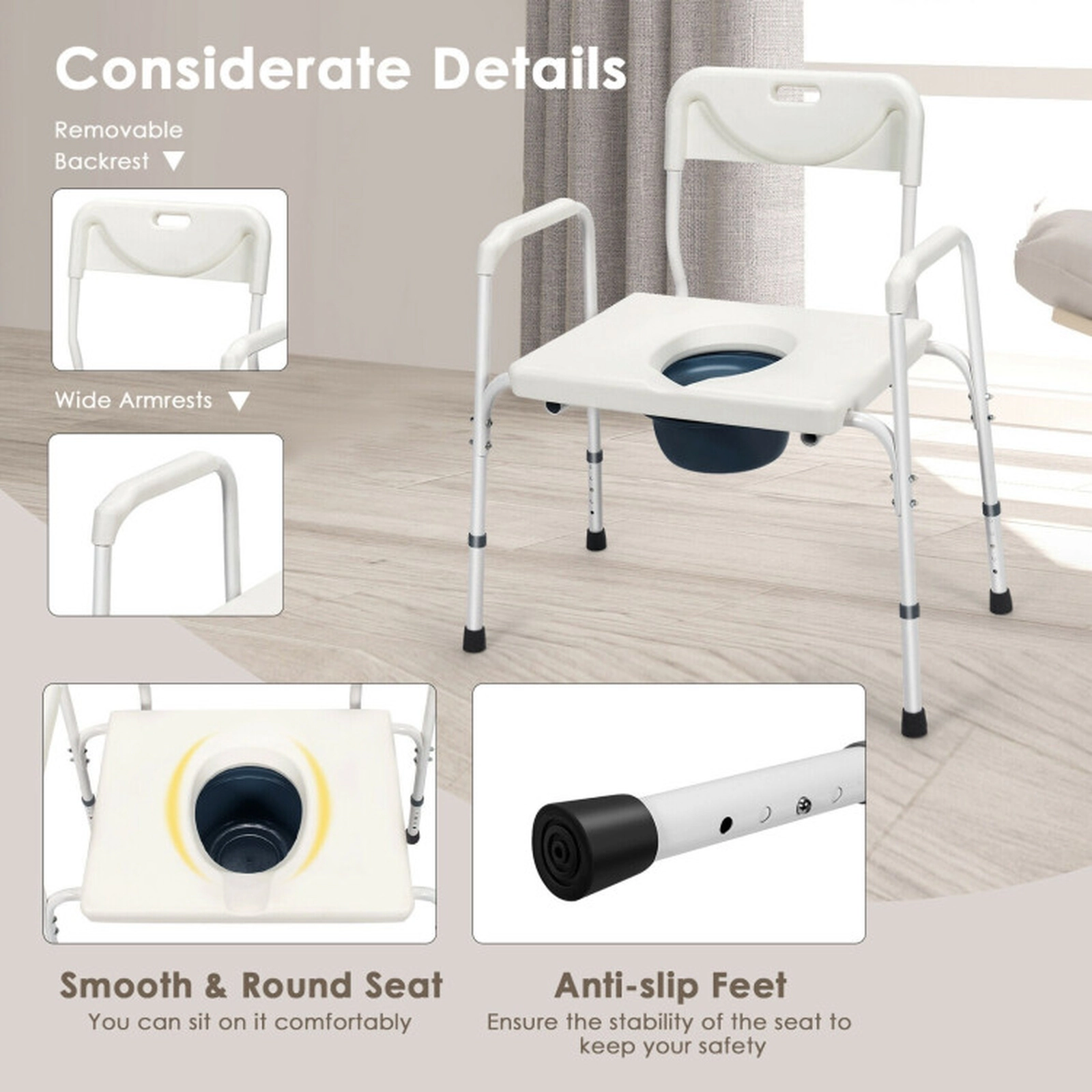 SUGIFT 3-in-1 Bedside Commode Portable Toilet Chair Bench 300-lb Capacity Adjustable Height White