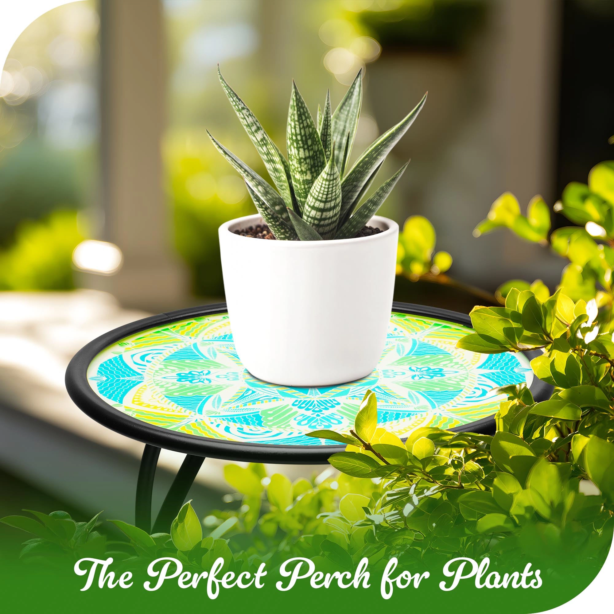 G128 14 in Round Glass Side Table Mandrake Pattern - Foldable Metal Outdoor Plant Stand
