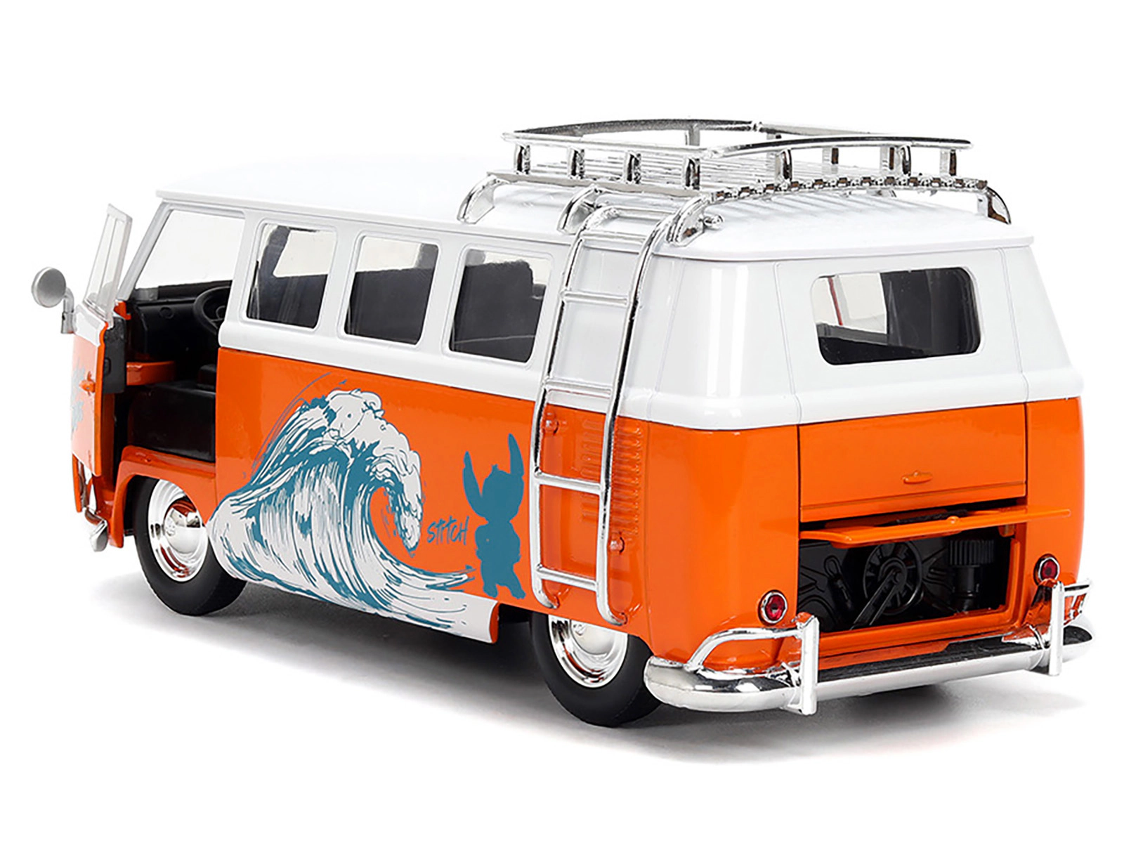 Jada 1961 Volkswagen Bus "Catching Waves" White and Orange with Stich Diecast Figure "Disney's Stitch"