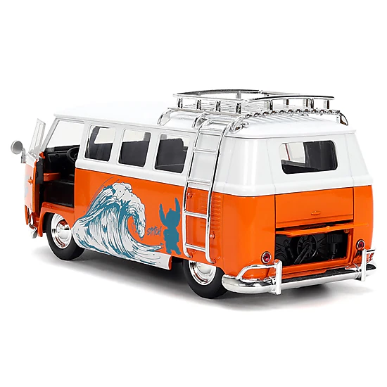Jada Collectible 1961 Volkswagen Bus "Catching Waves" White And Orange With Stich Diecast Figure "Disney'S Stitch"