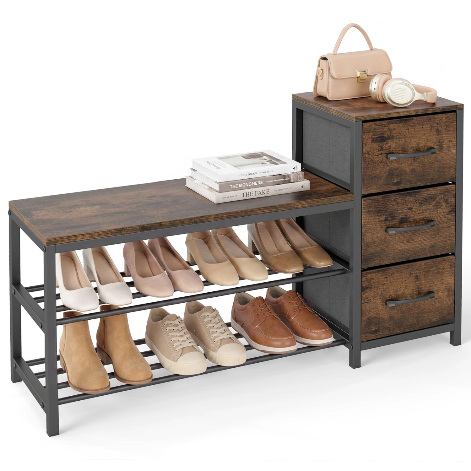 SlickBlue Entryway Shoe Bench with 3 Fabric Drawers and Shelves
