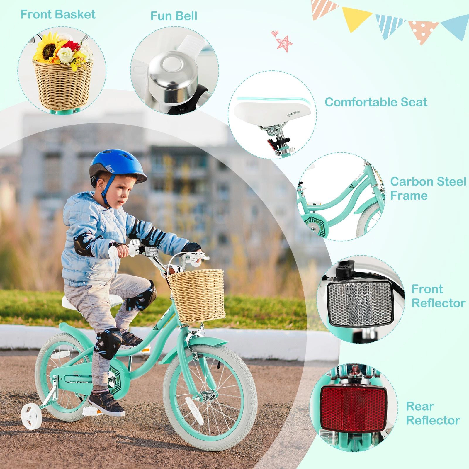 SUGIFT 16-Inch Kids Bicycle with Training Wheels and Adjustable Handlebar and Seat 99-110-lb Capacity Ages 4-7 Green