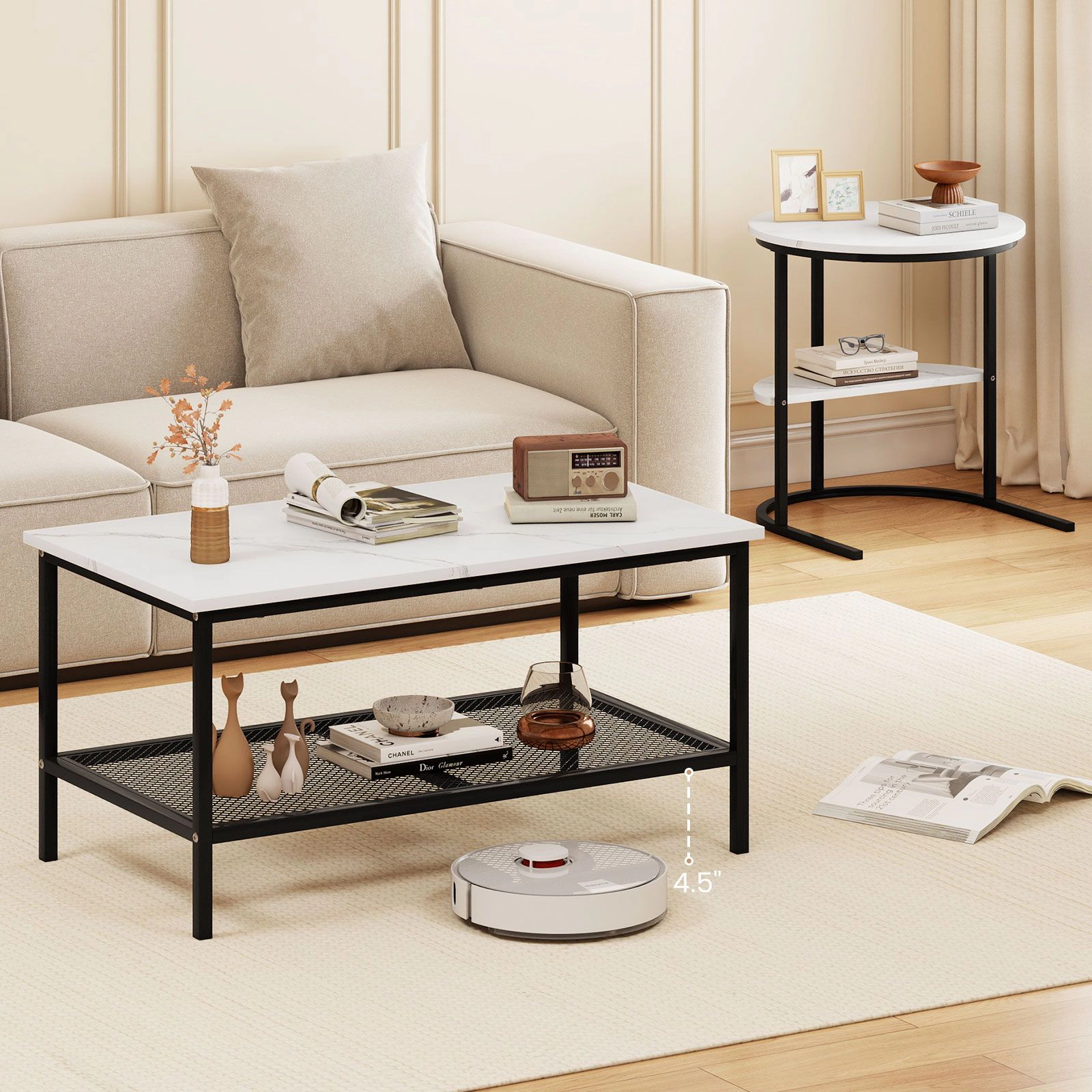 SlickBlue Faux Marble Coffee Table Set of 2  with Metal Frame Storage