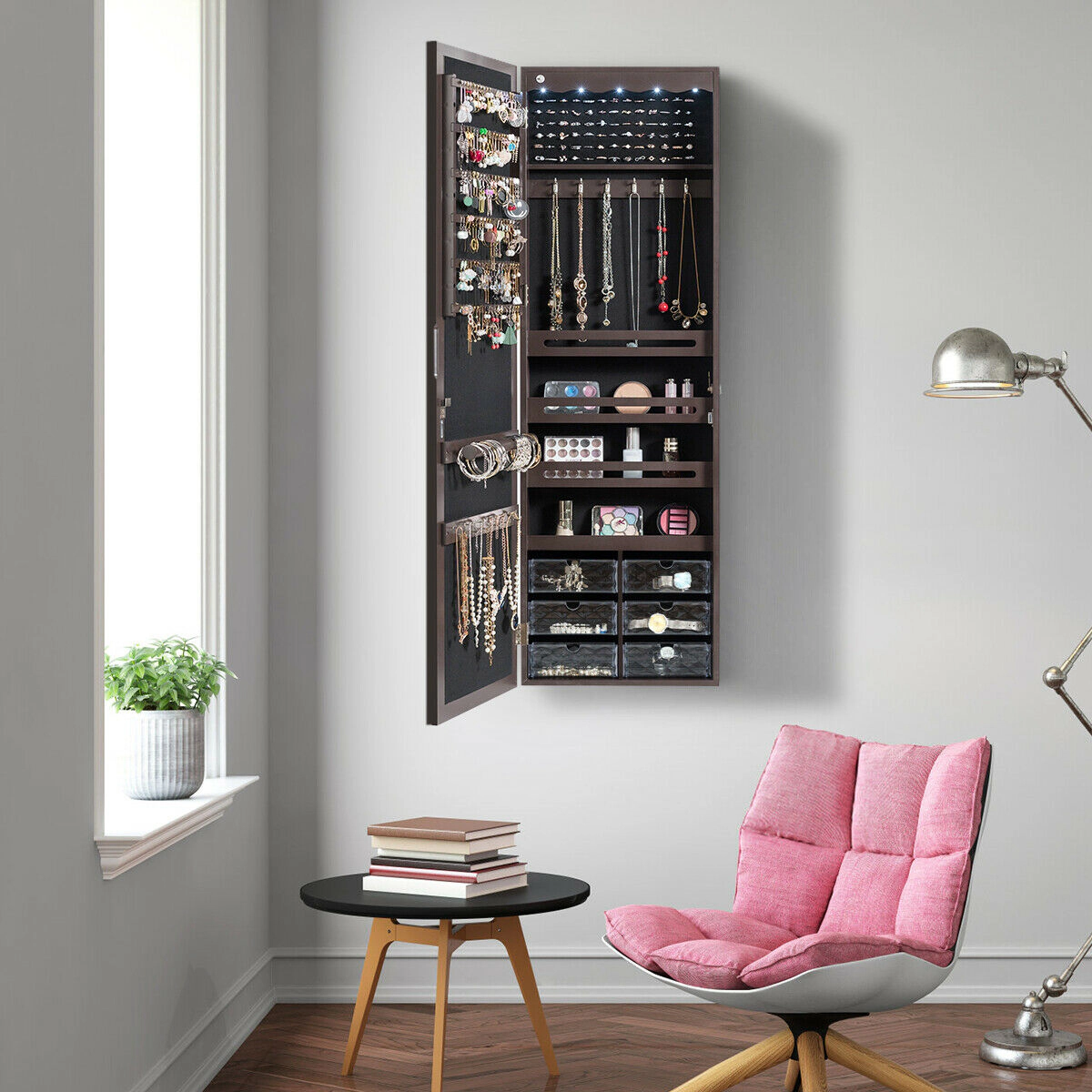 Slickblue Brown Lockable Mirrored Jewelry Armoire with LED Lights & Storage Drawers