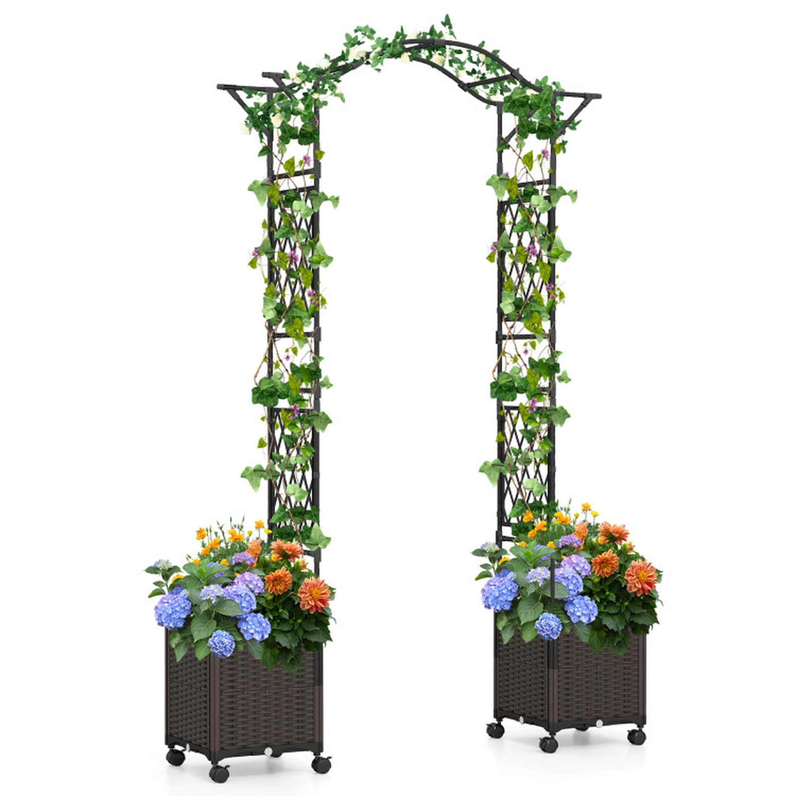 SUGIFT 82 x 99-in Black Metal Garden Arch Trellis with 2 Self-Watering Planter Boxes and Swivel Wheels