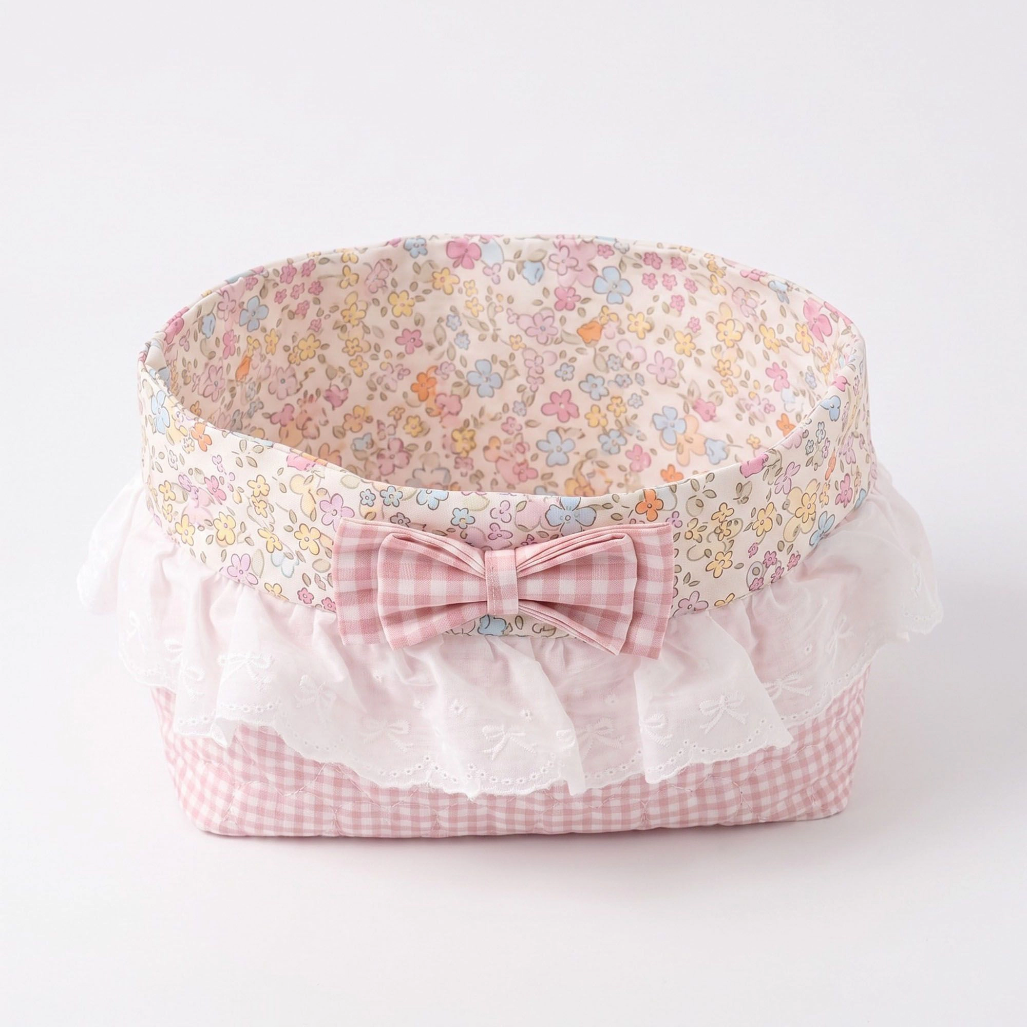 Alilang Unisex Floral Gingham Quilted Storage Basket with Lace Eyelet Ruffle & Bow