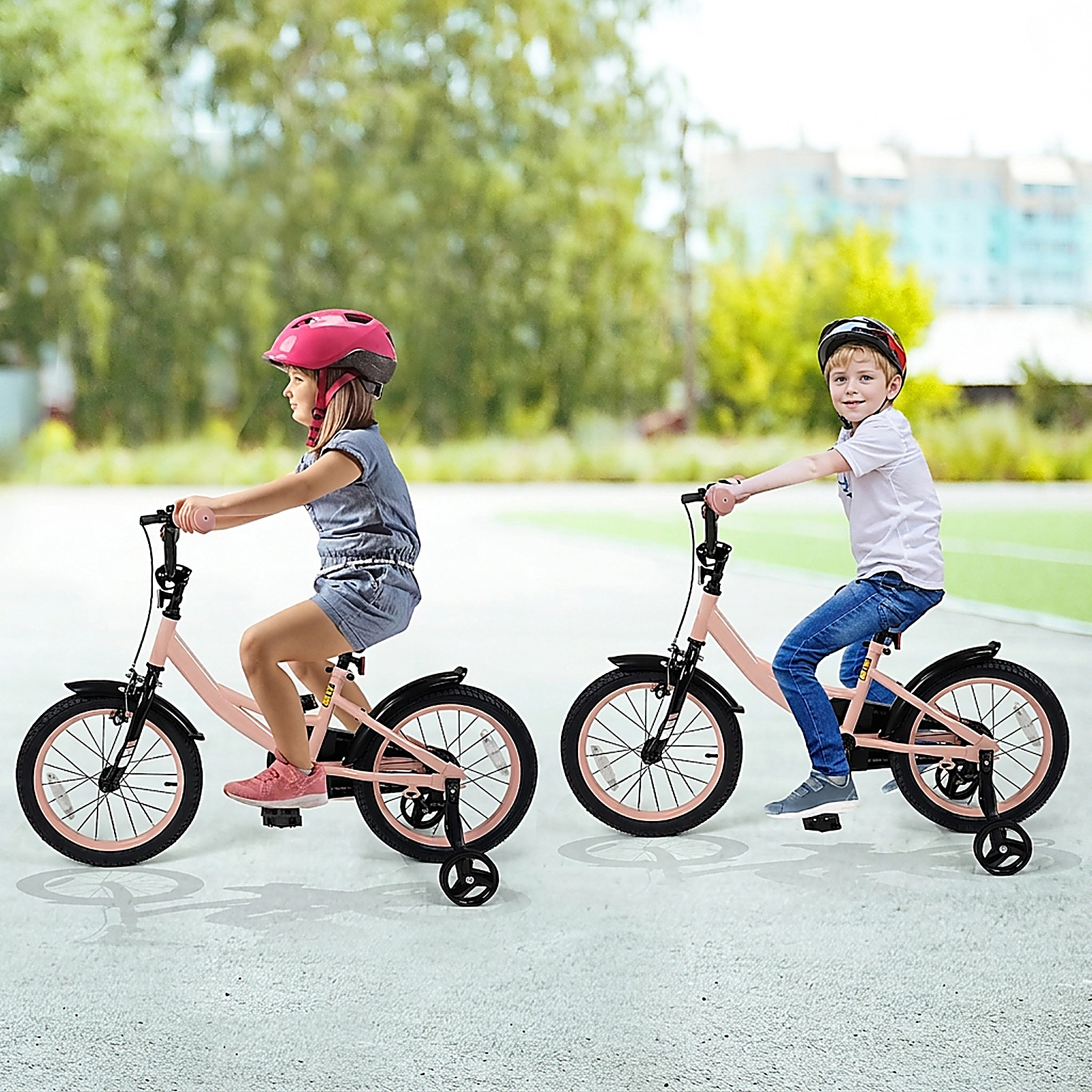 SUGIFT Adjustable 16-In Kids Bicycle with Removable Training Wheels 145-lb Capacity Ages 4-7 Pink Metal Frame