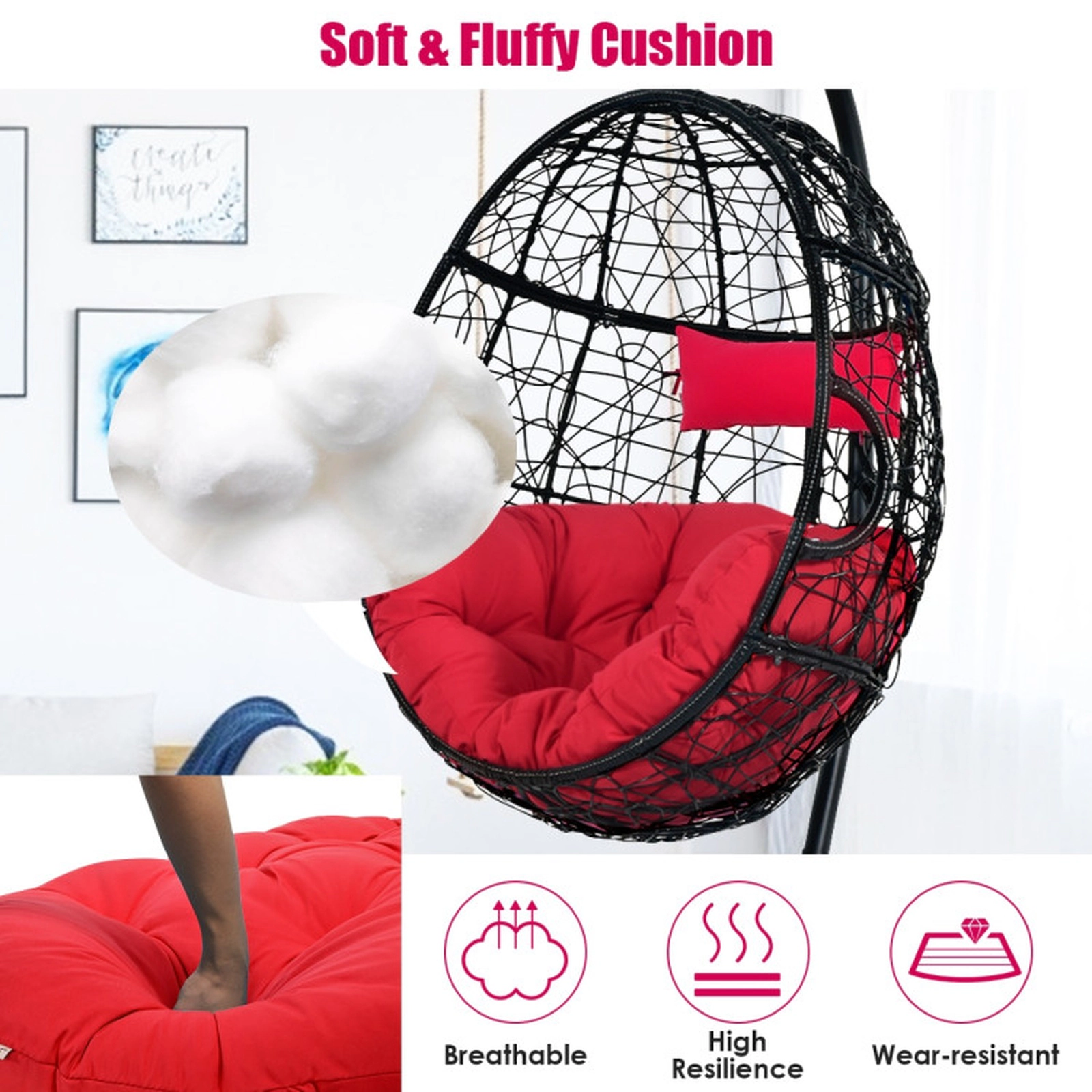 SUGIFT 250-lb Capacity 81-in Hanging Cushioned Hammock Chair with Steel Stand Pillow and Safety Hook