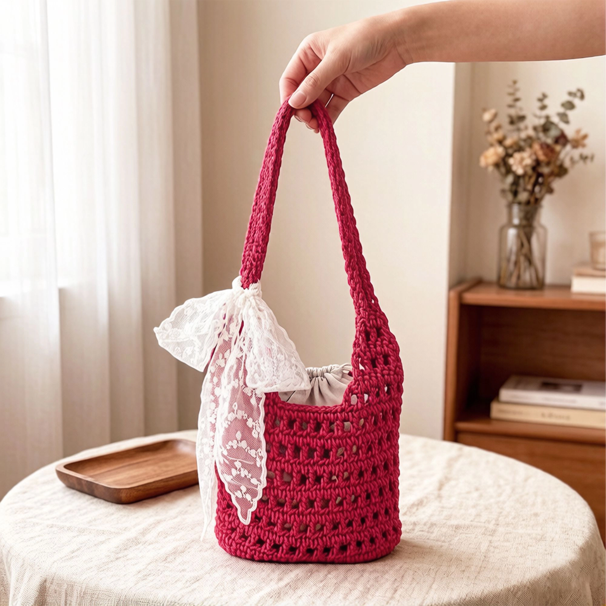 Alilang Women's Crochet Shoulder Bag with Lace Bow Detail Knit Bucket Handbag Drawstring Lined Casual Everyday Tote