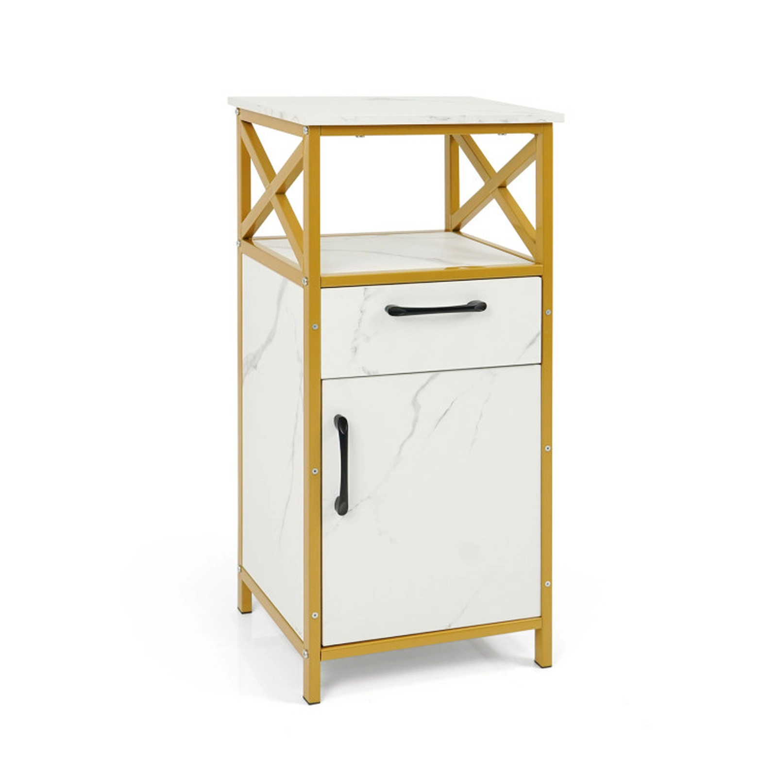 SUGIFT White and Golden Faux Marble 44-lb Top Bathroom Storage Cabinet with Drawer Single Door and Open Shelf