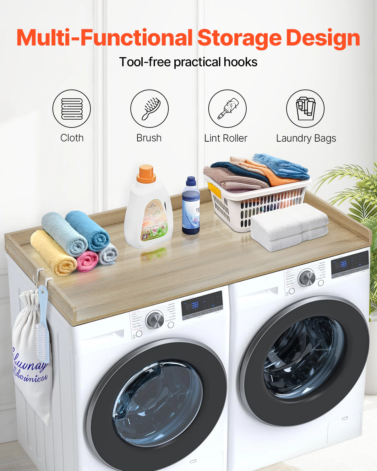 HONGGE Washer and Dryer Countertop, 54 x 27 Inch, Water Resistant Wood Laundry Top, Oak Finish