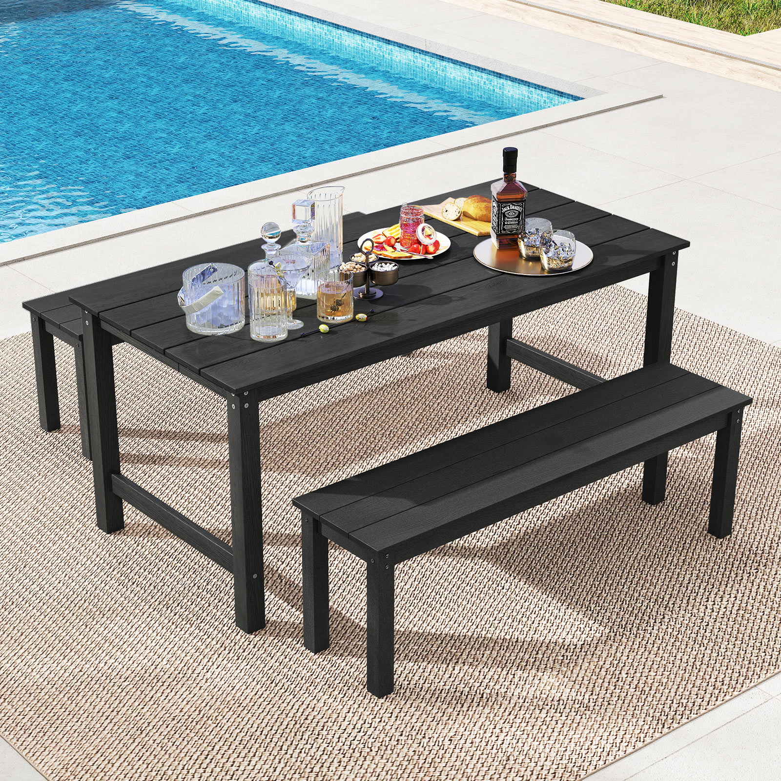 SUGIFT 67-Inch Black HDPE Outdoor Patio Dining Table for 6, Wood-Look Top with Umbrella Hole
