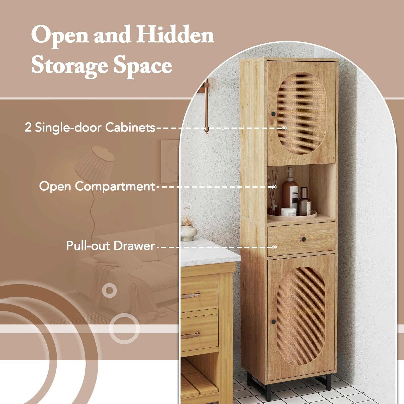 Glintex 67-Inch PE Rattan Bathroom Cabinet with Soft-Close Hinges and Drawer, Natural