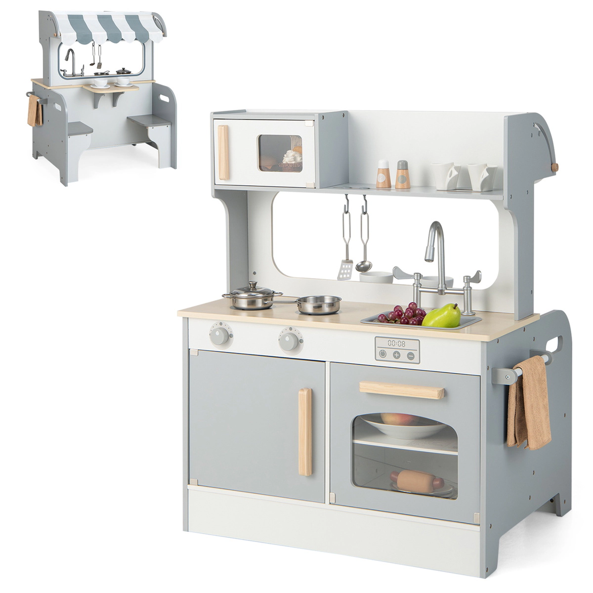SUGIFT Gray 2-Seat Cafe Counter Double Sided Kids Pretend Play Kitchen Playset