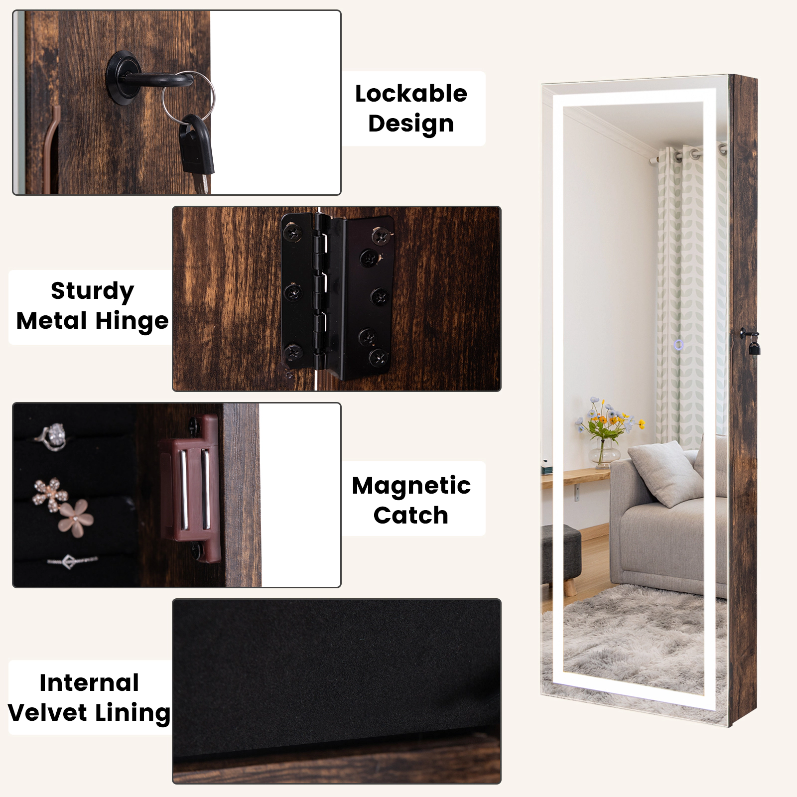 SUGIFT Wall or Door Mounted Mirrored Jewelry Armoire with Full Length Mirror with 2 Internal LED Lights Rustic Brown