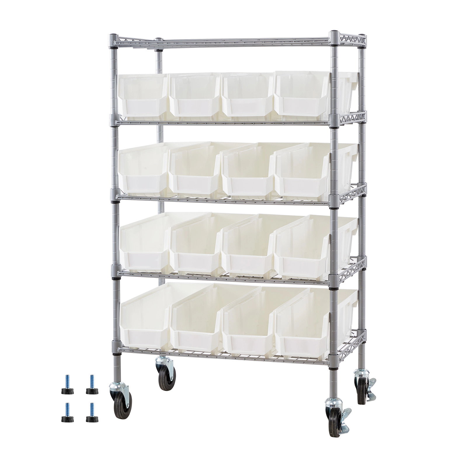 Flynama 5-Tier Rolling Bin Storage Rack with 16 Bins and Wheels, Mobile Steel Organizer for Garage, Warehouse and Office