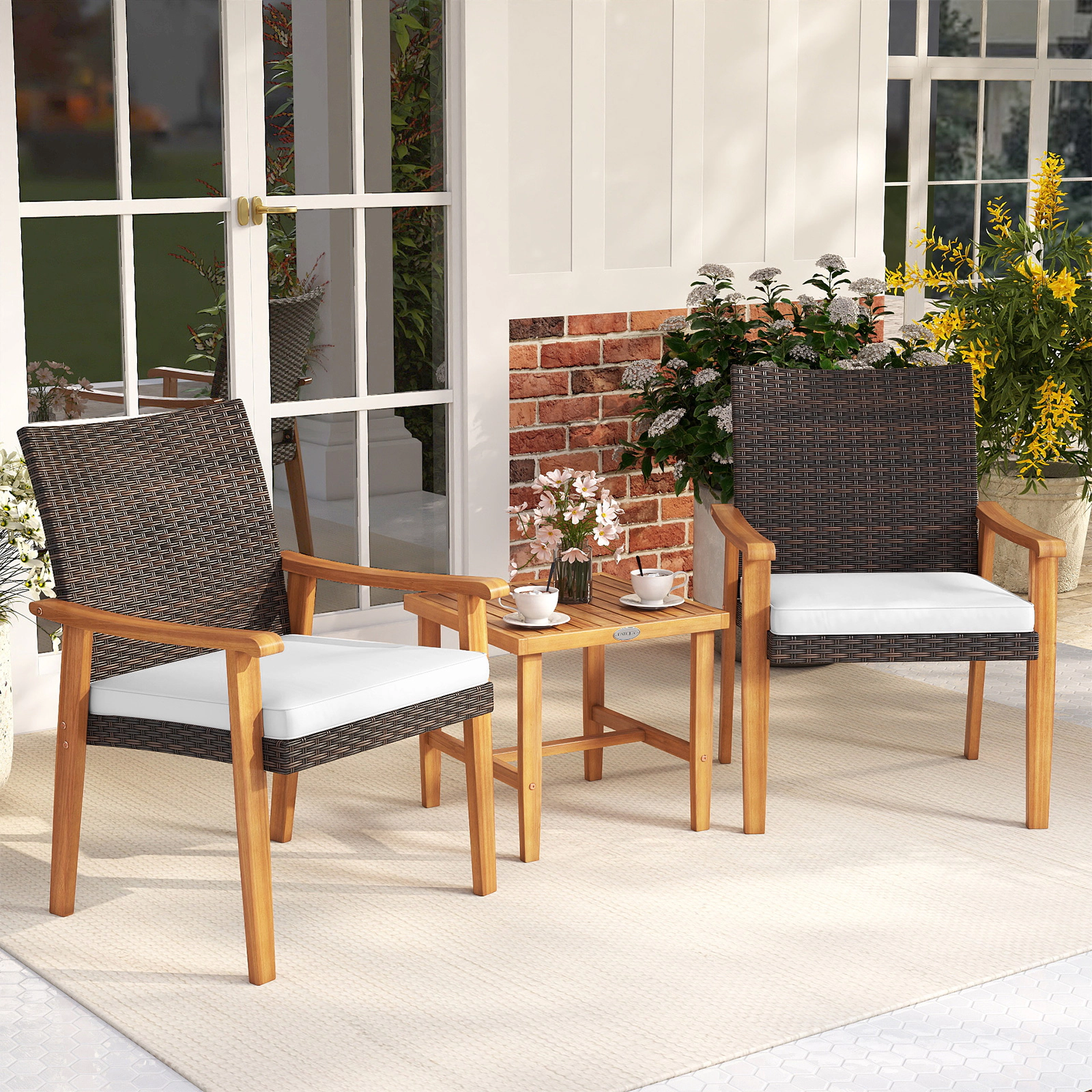 LJG 3 Pieces Patio PE Wicker Furniture Set Acacia Wood Outdoor Conversation Bistro Set