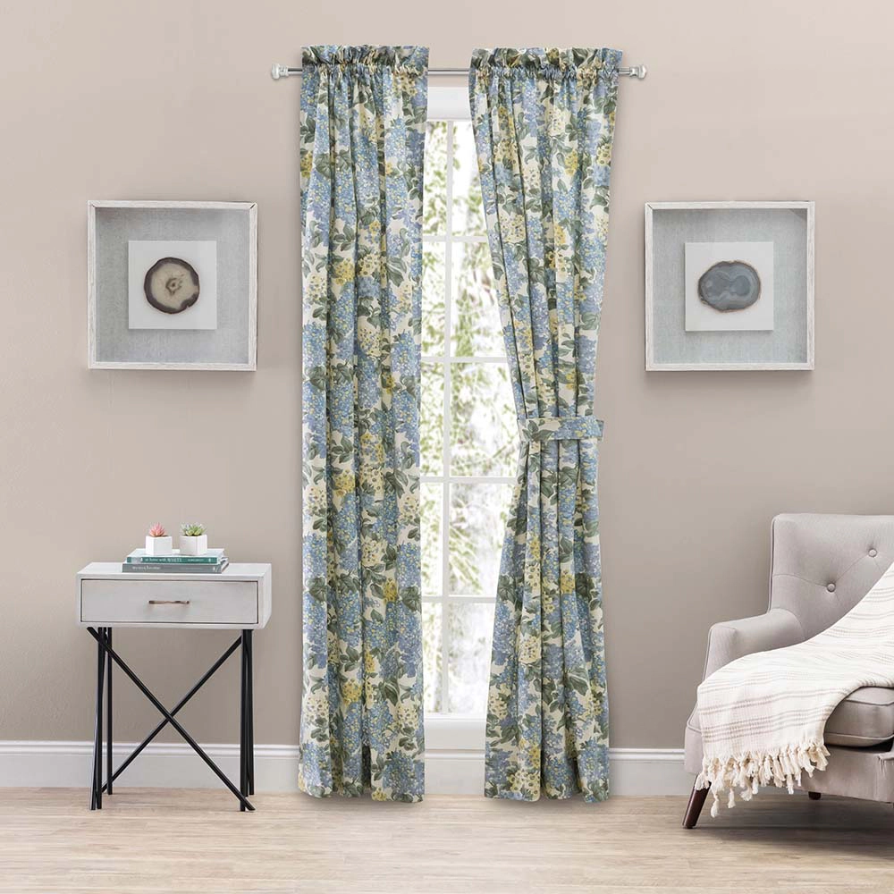 Ellis Hydrangea Classic Pattern Printed 1.5" Rod Pocket Window Tailored Pair with Ties 68"x72" Blue