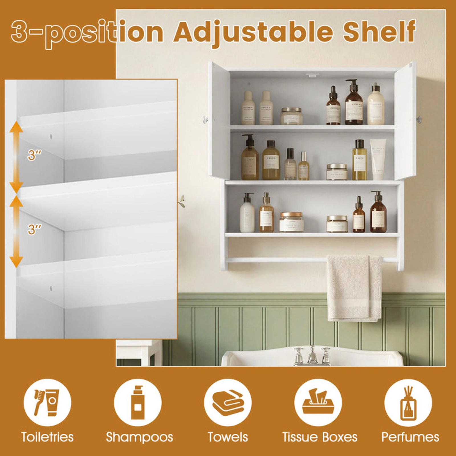 SUGIFT White Wall Mounted Bathroom Storage Cabinet with Rubber Wood Towel Bar Open Shelf and 2 Doors