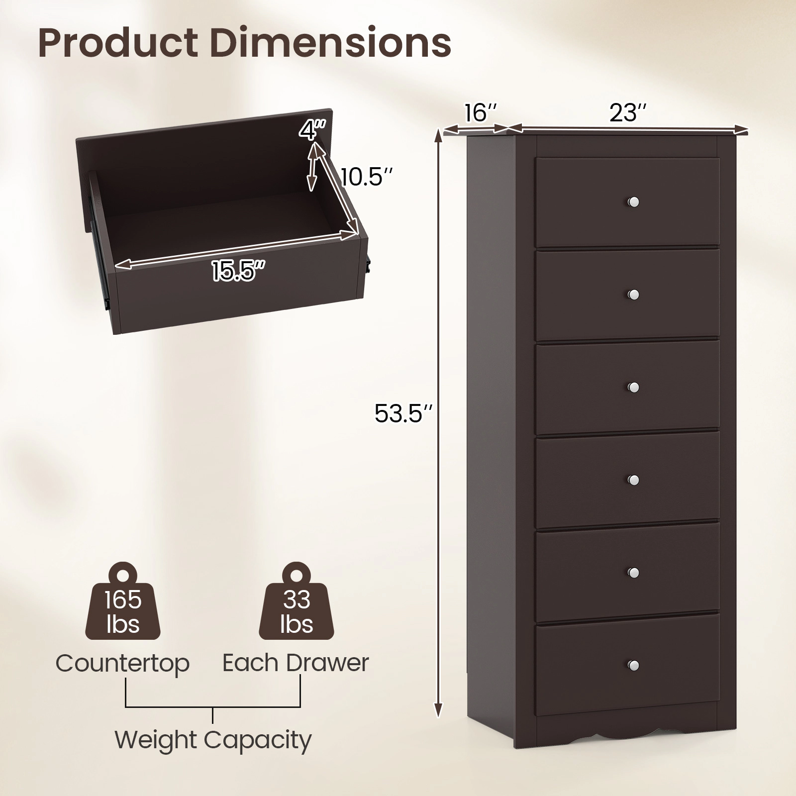 SUGIFT Bedroom Clothes Storage 6-Drawer Tall Chest Dresser
