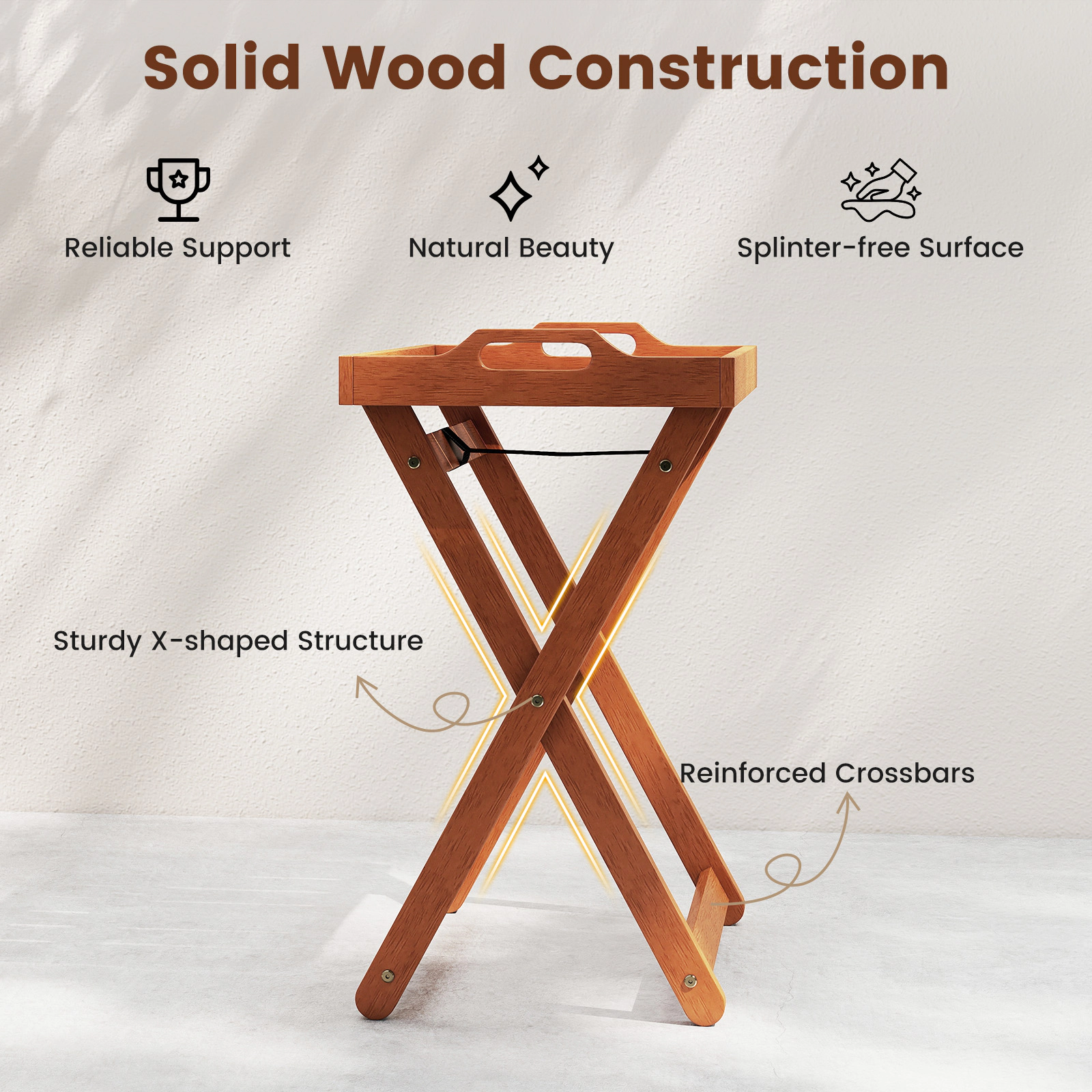 SUGIFT Wood Removable Serving Tray Cutout Handles Folding Patio Side Table In Natural