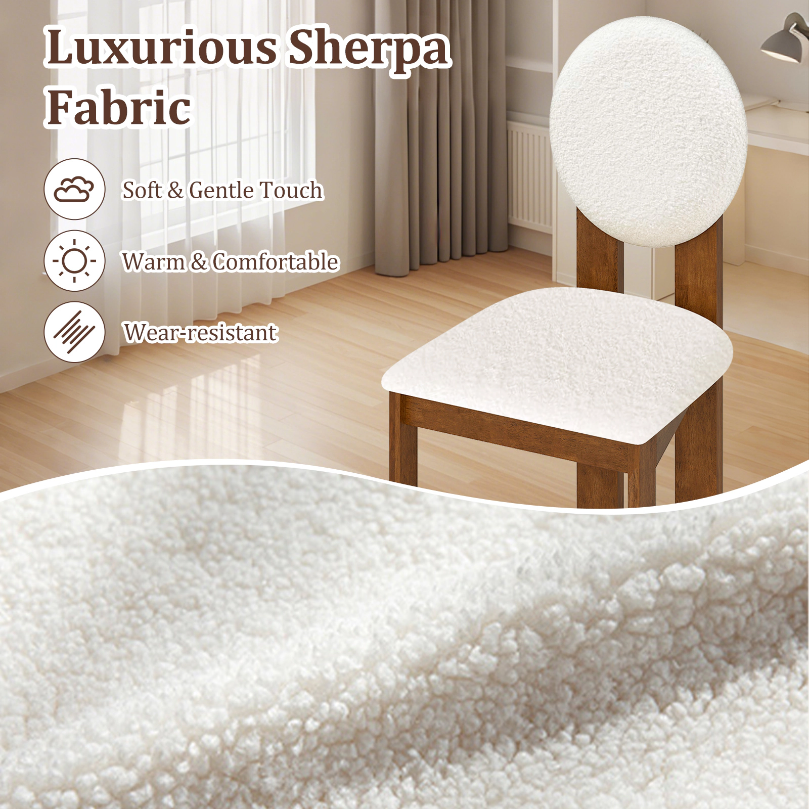 SUGIFT Sherpa Upholstered Dining Chairs Set of 2 with Rubber Wood Legs 330-lb Capacity Cream White and Oak