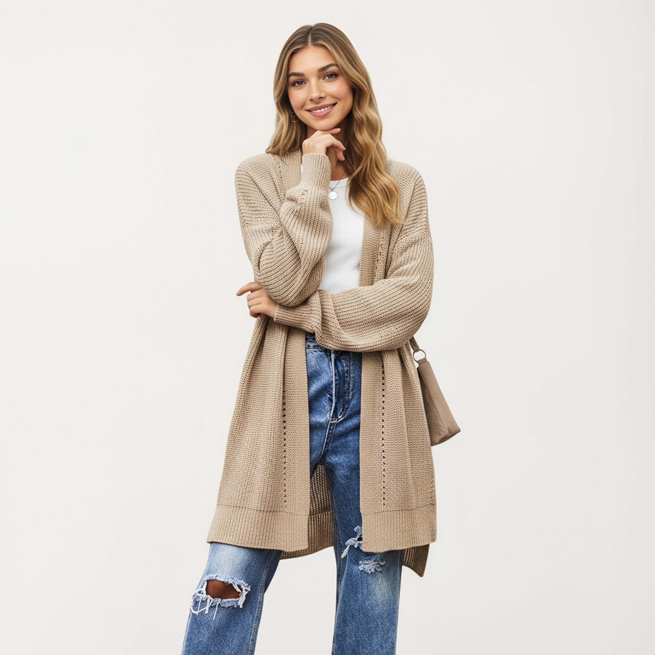 Anna-Kaci Women's Open Front Knit Cardigan with Relaxed Fit and Textured Detailing