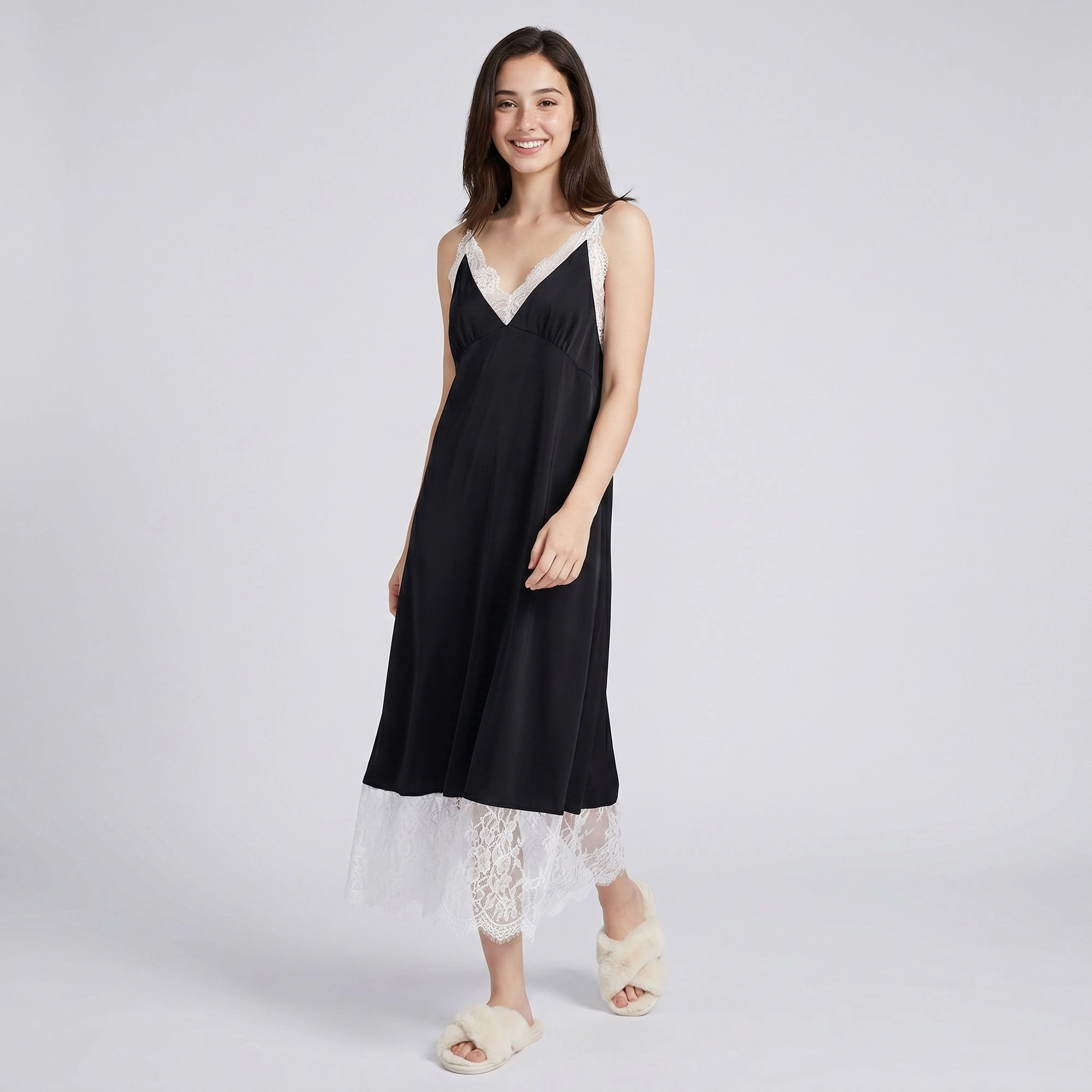 Anna-Kaci Women's Sleeveless Slip Dress with Lace Trim V Neck and Midi Length