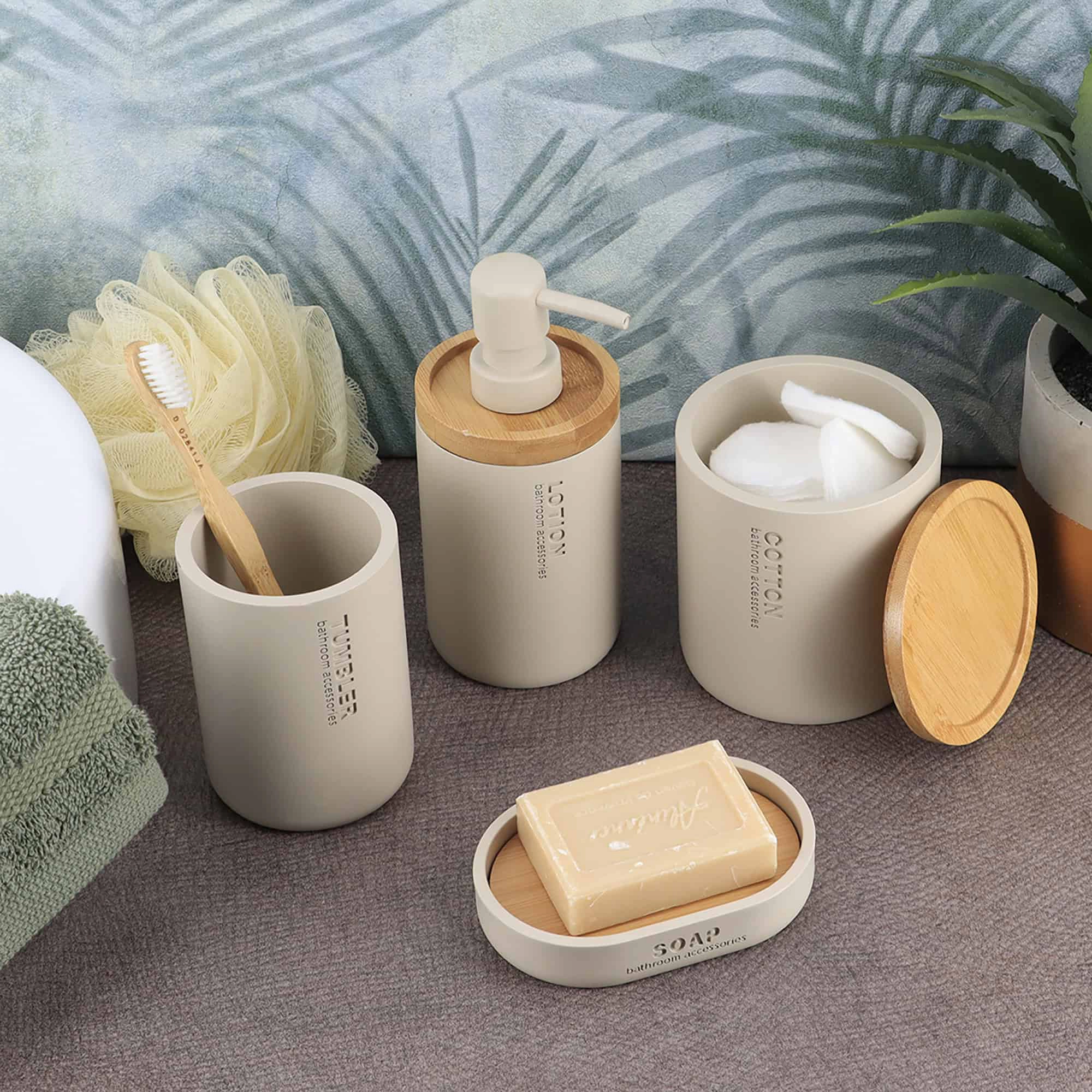 Evideco Willis Round Cotton Pad Holder with Bamboo Lid, Matte Polyresin