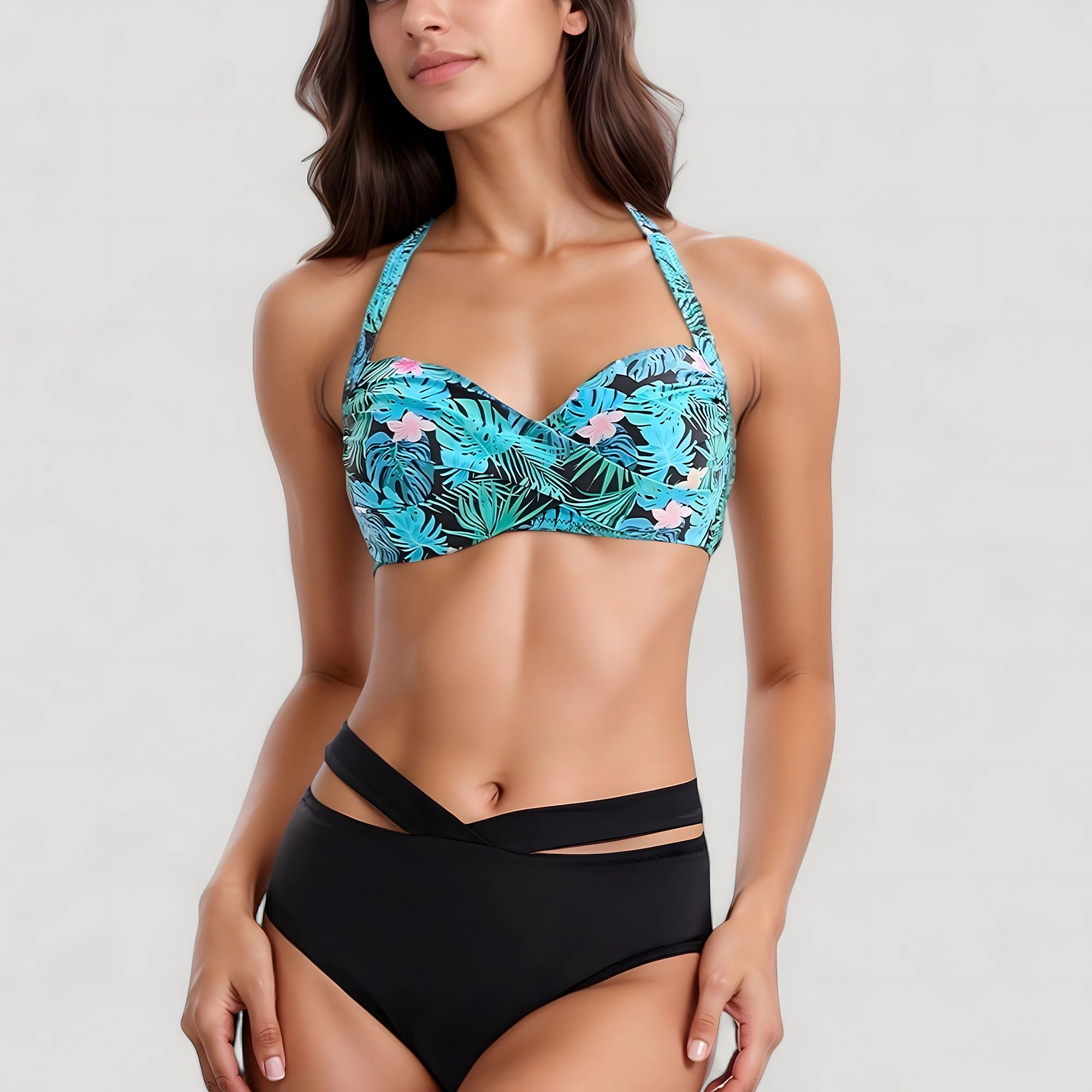 Anna-Kaci Women’s Tropical Floral Bikini Set - Wide Sweetheart Top, Crisscross High-Waist Bottom