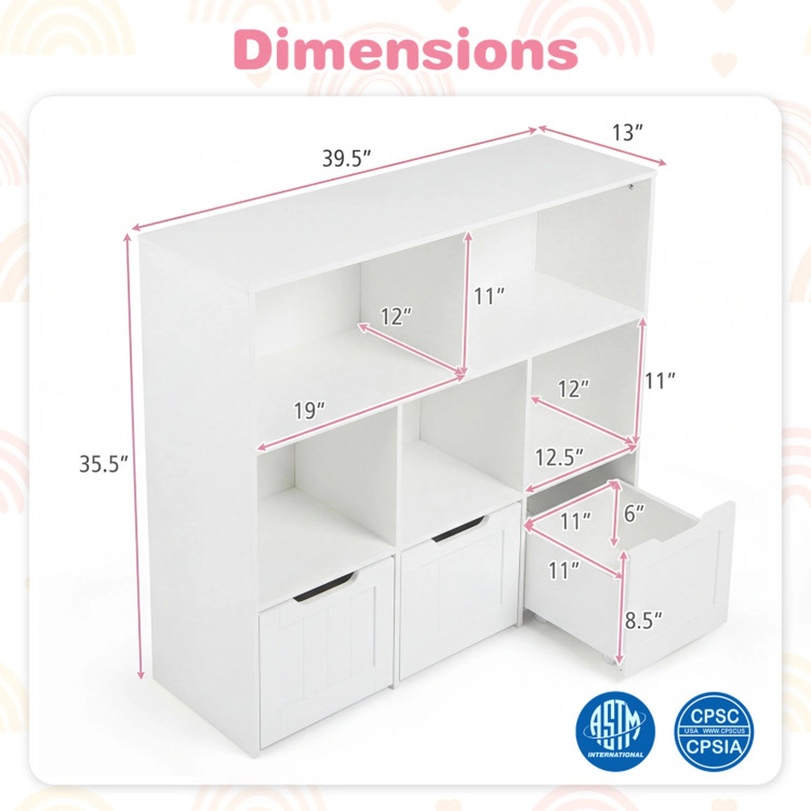 SUGIFT 5-Cubby 66-lb Top 35.5-in Kids Toy Storage Organizer and Bookshelf with 3 Movable Drawers on Wheels