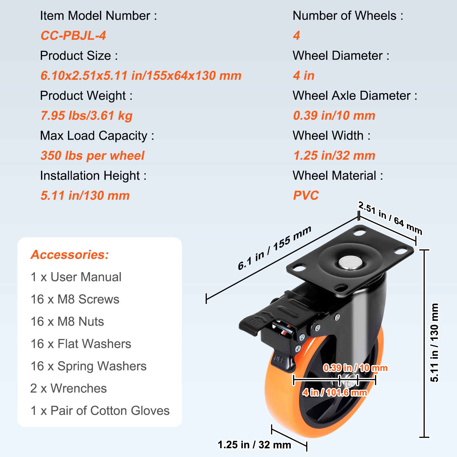 HONGGE Caster Wheels Swivel Plate Casters with Wheels Per Caster Wheels