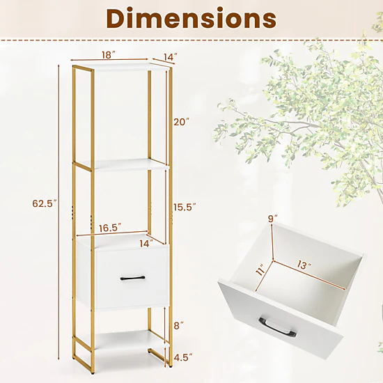 Hivvago 5-Tier Narrow Bookcase with 4 Open Shelves and Storage Drawer