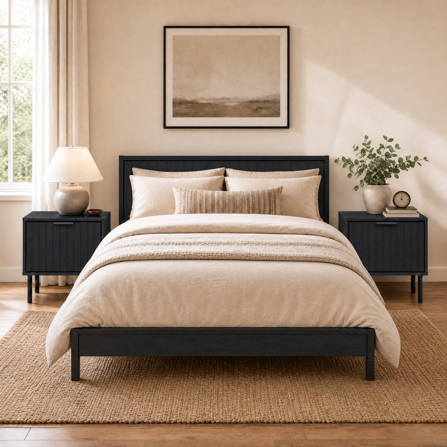 LJG Set of 2 Black Modern Nightstand with Vertical-Striped Storage Drawer