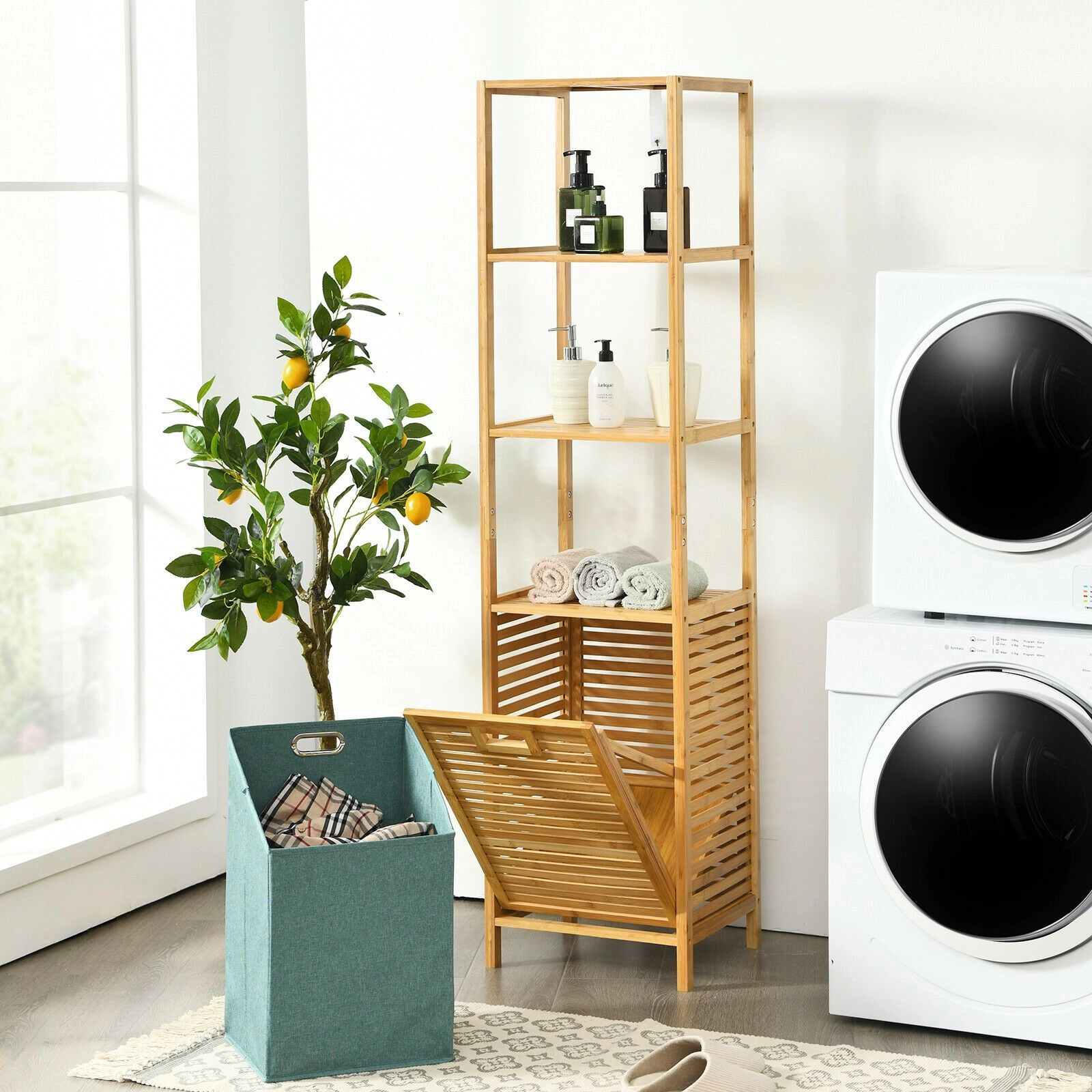SlickBlue Wicker Laundry Hamper Tower with 3-Tier Storage Shelves