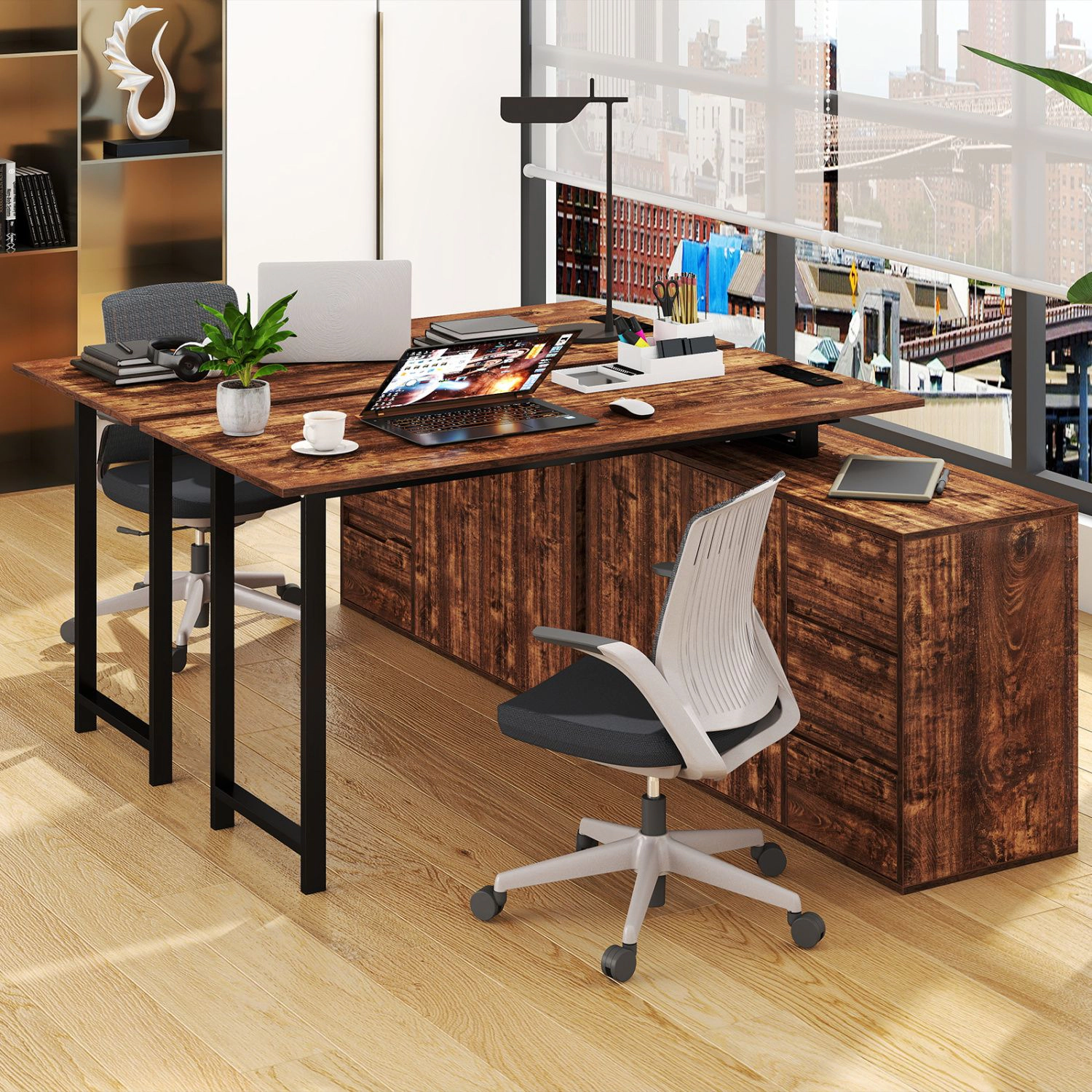 SlickBlue L-Shaped Computer Desk with File Cabinet and Drawers