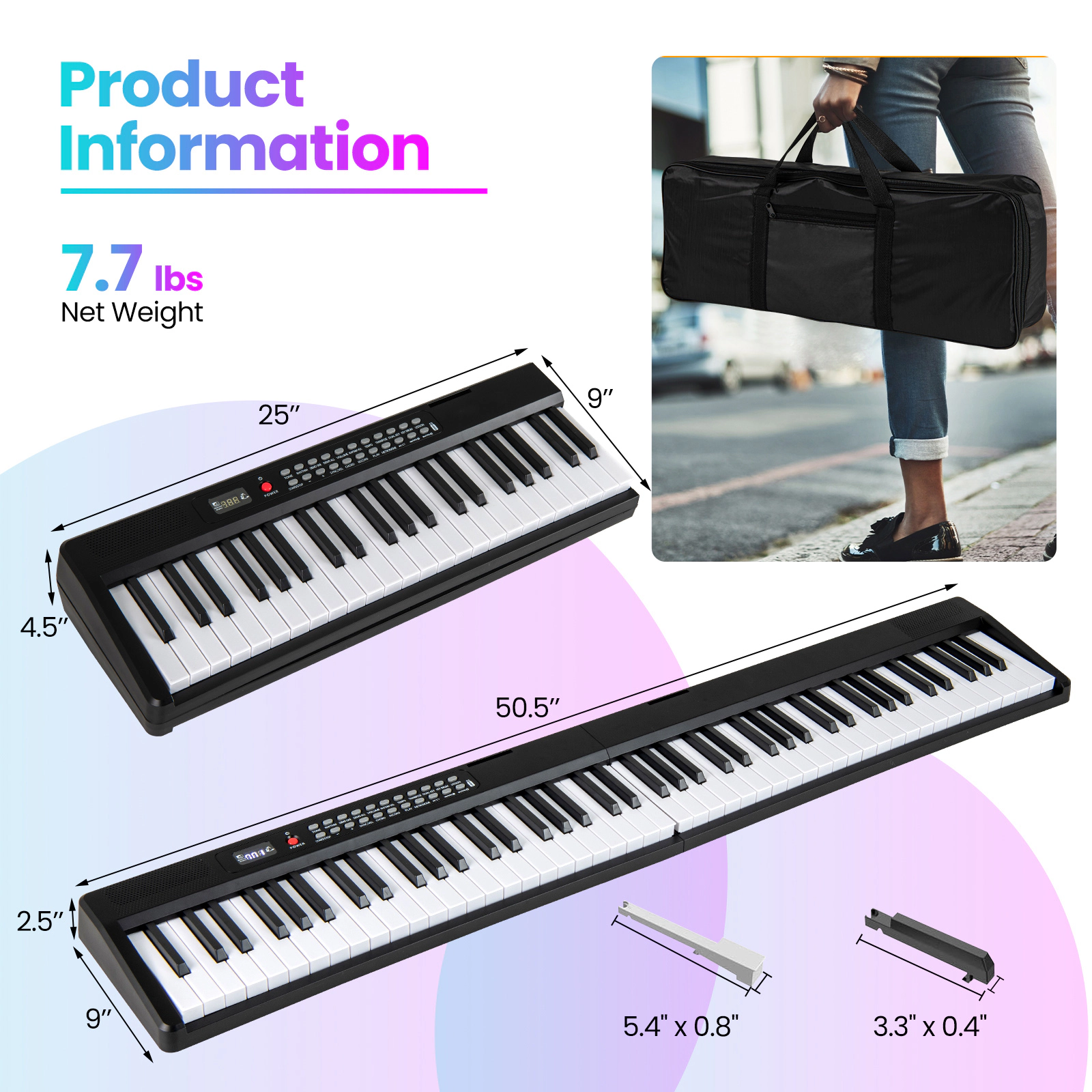 SUGIFT Black 88-Key Semi-Weighted Foldable Electric Keyboard Piano with Wireless MIDI and Dual Speakers