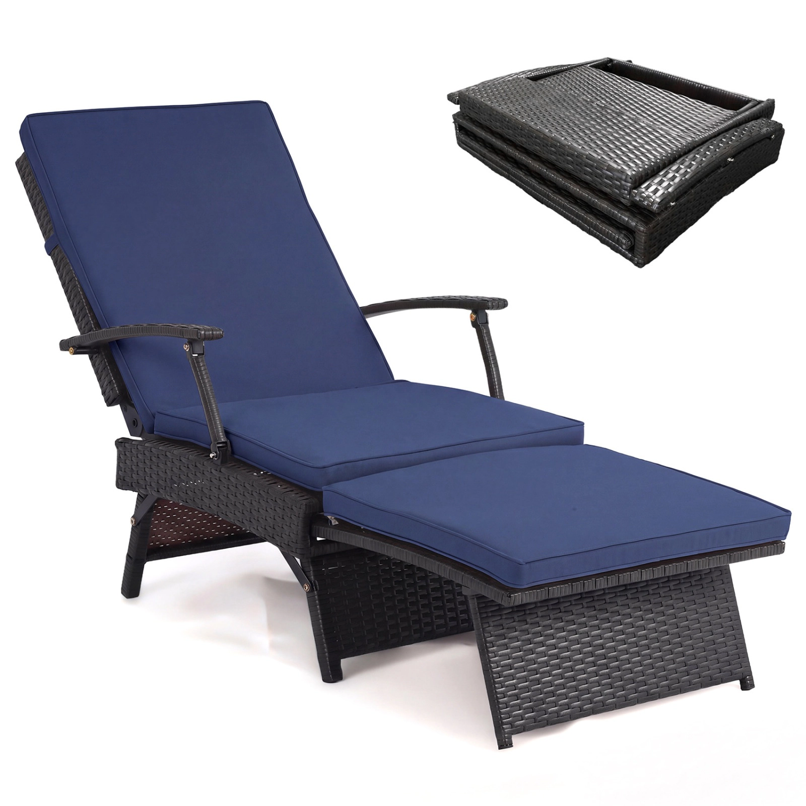SUGIFT Folding Wicker Chaise Lounge Slide-Out Ottoman 11-Level Adjustable Backrest 400-Lb Capacity Mix Brown Rattan Navy