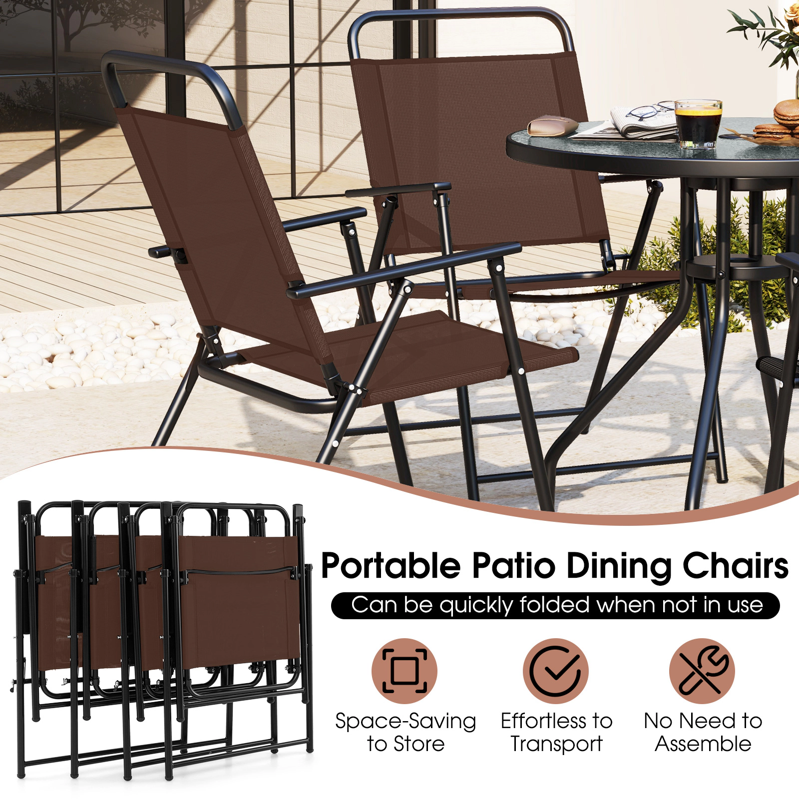 SUGIFT 6-Piece Patio Dining Set with Folding Chairs Glass Table 110-lb Table Capacity 71 x 78-in Umbrella Coffee