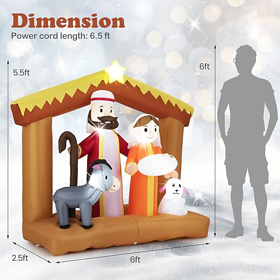 SUGIFT Multicolor 6-ft Christmas Nativity Scene Inflatable with 6 Built-In LED Lights and Ground Stakes 5.5-ft H