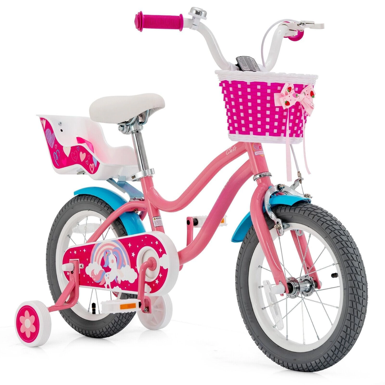 SUGIFT Kids Bicycle with Training Wheels Basket and Doll Seat 110-lb Capacity Ages 4-8 Pink 14-Inch Wheel