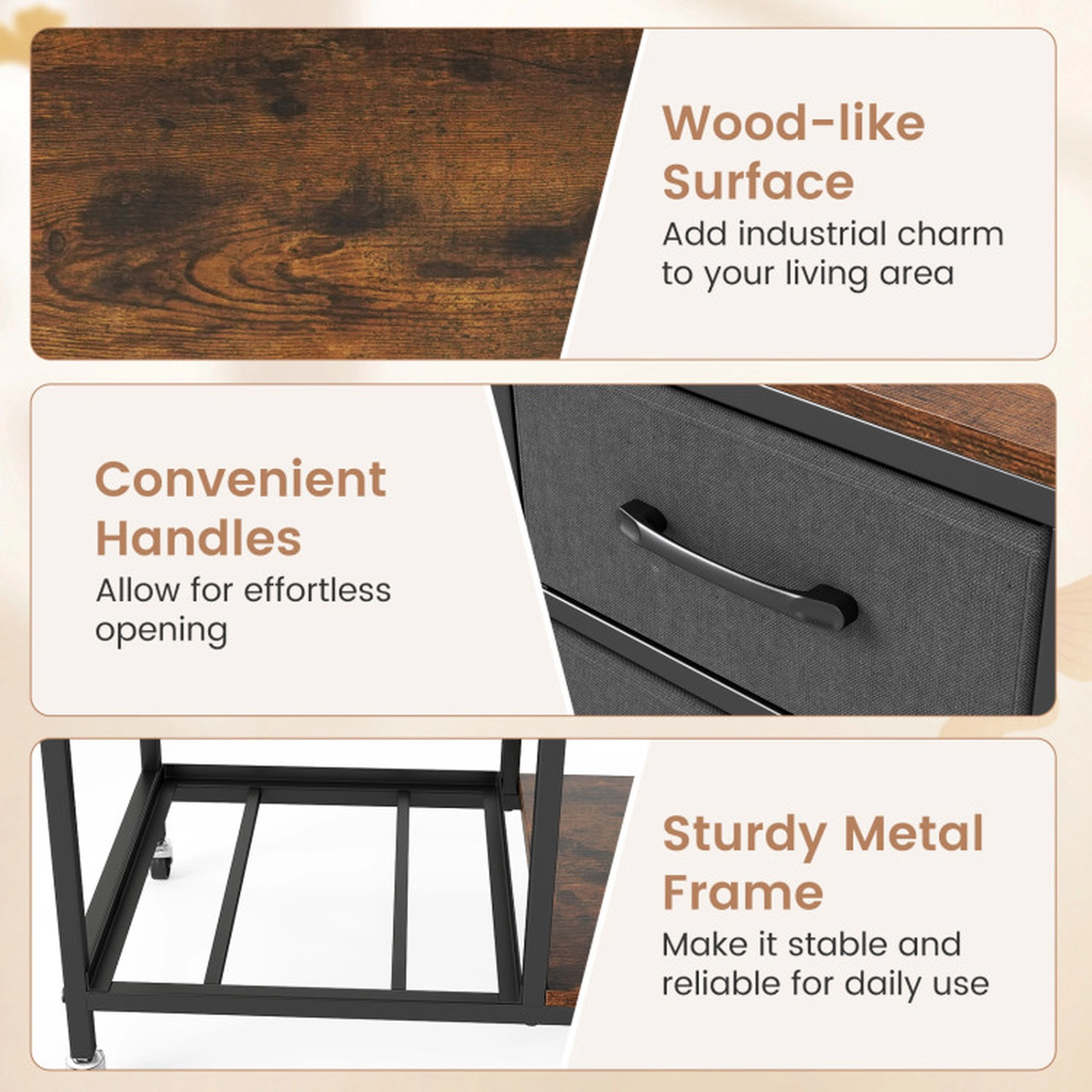 SUGIFT 3-Drawer Mobile File Cabinet with Charging Station and Open Shelves 44-lb Countertop Rustic Brown and Gray