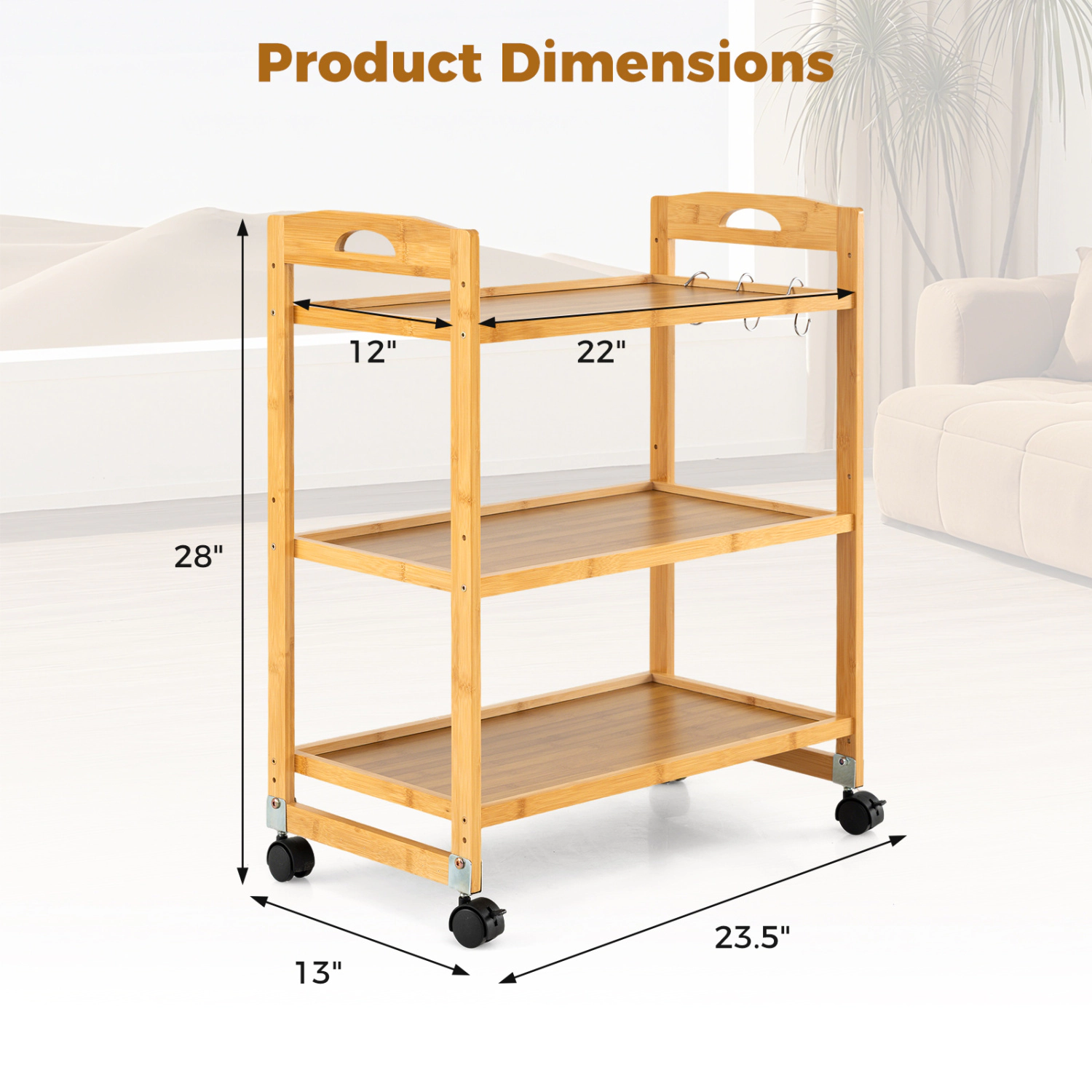 SlickBlue Wicker Utility Cart with 3 Tiers and Hanging Hooks