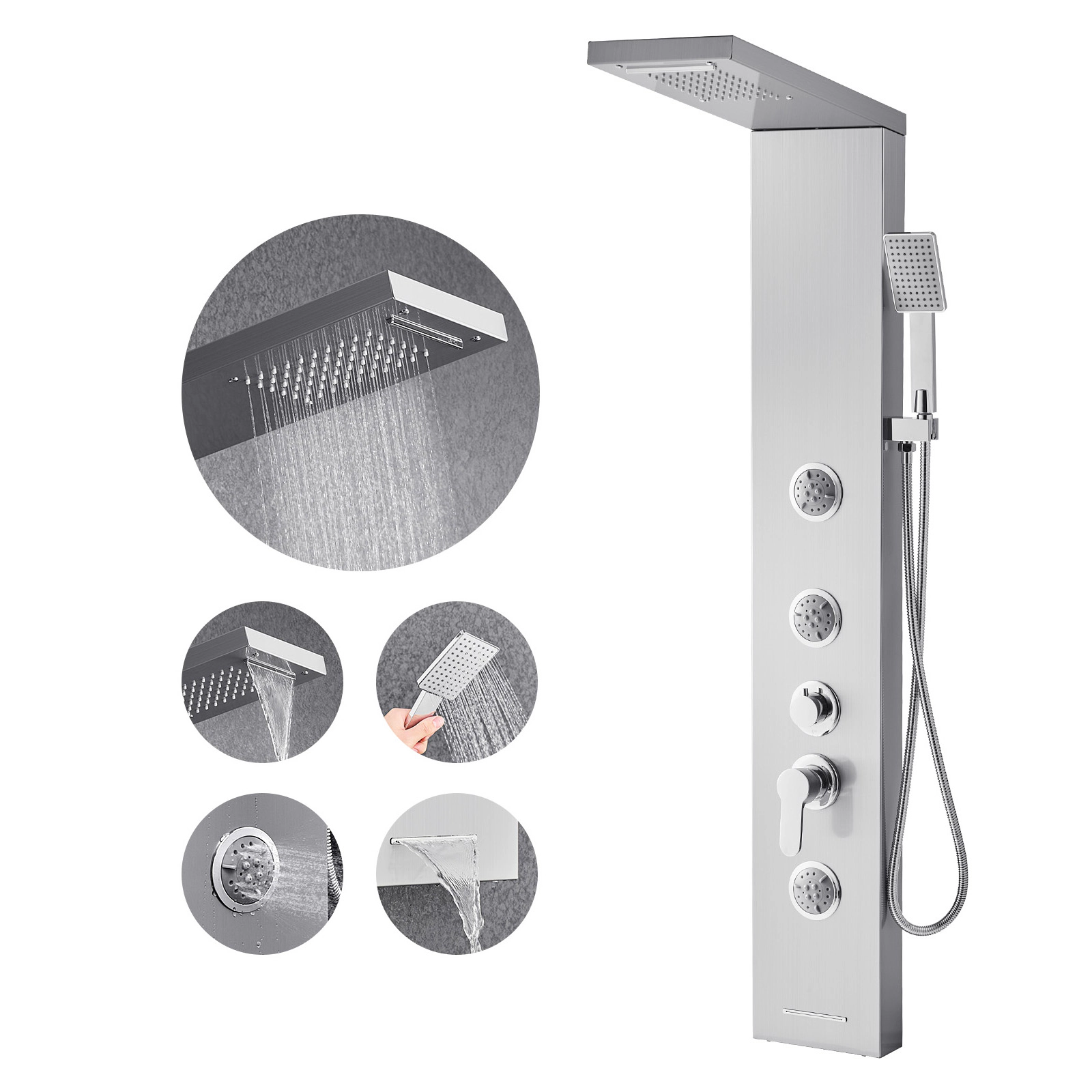 HONGGE 5-Function Shower Tower Panel, Rainfall & Waterfall with 3 Body Jets, 53 in Brushed Stainless Steel Shower Column