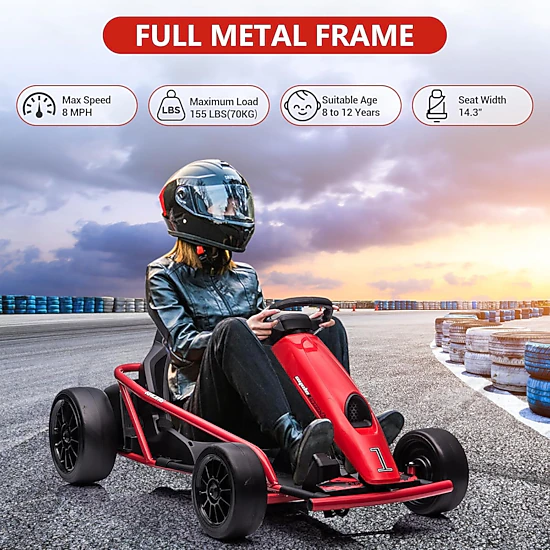 Enjyam 24V Electric Go Kart for Kids 8-12, Drift Kart Car w/Dual 300W Motors, 8MPH, Music, Slow Start, Seatbelt